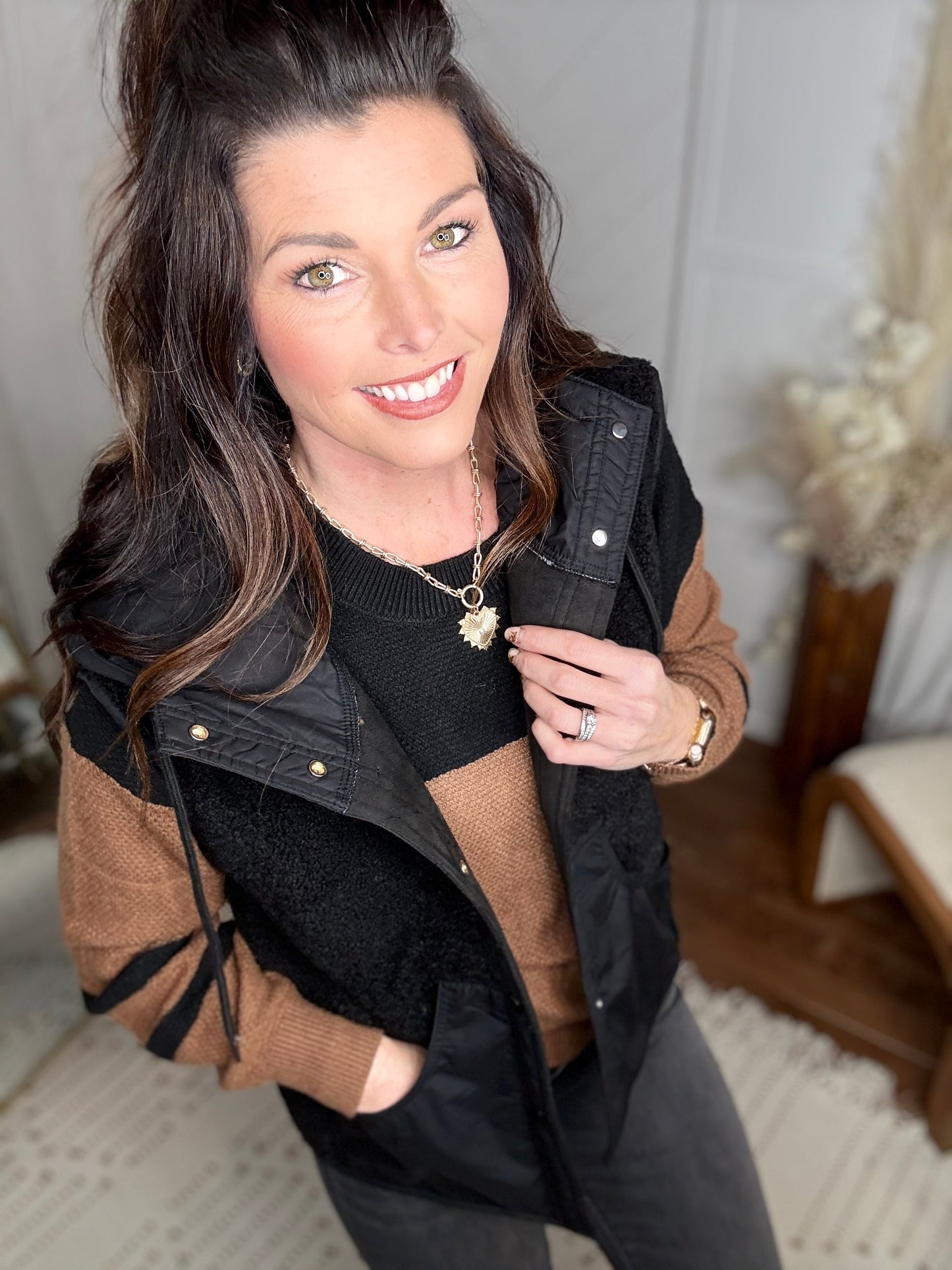 Black Sherpa Suede Duo Hooded Vest