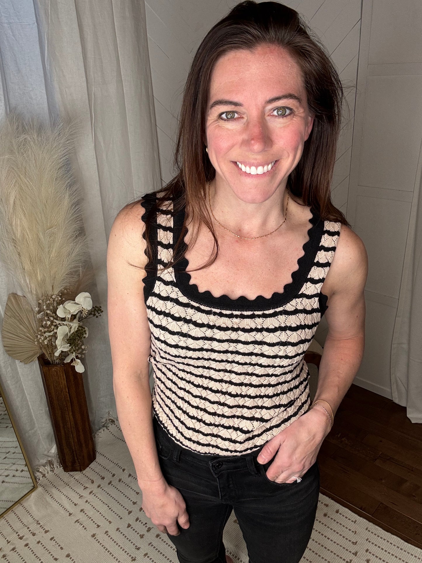 Black Striped Scallop Knit Tank