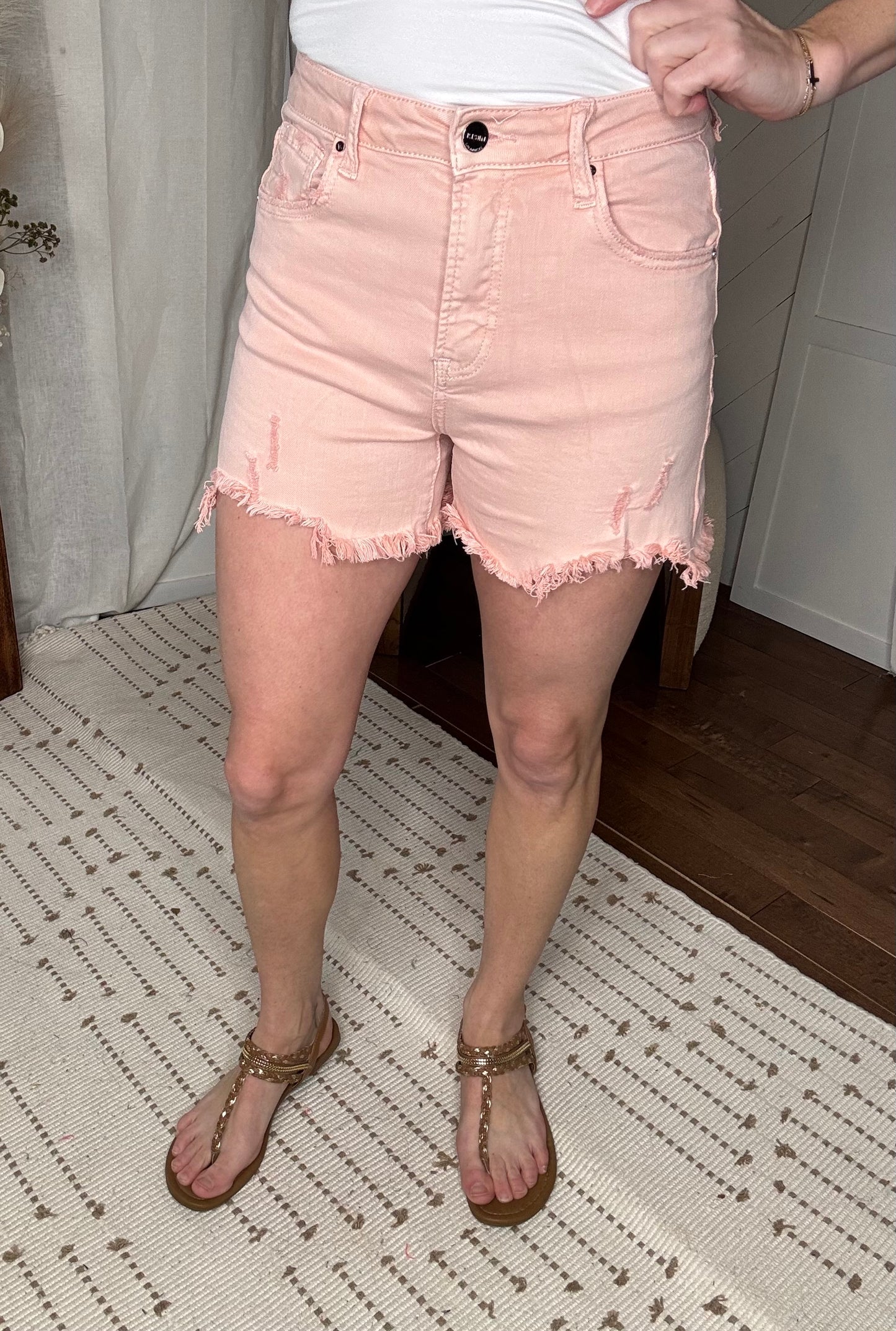 Risen35: Soft Pink High Rise Distressed Shorts