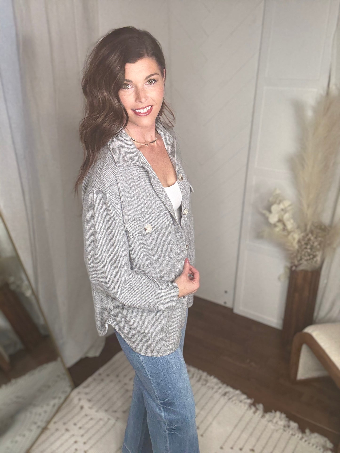 Brushed Waffle Shacket: Grey