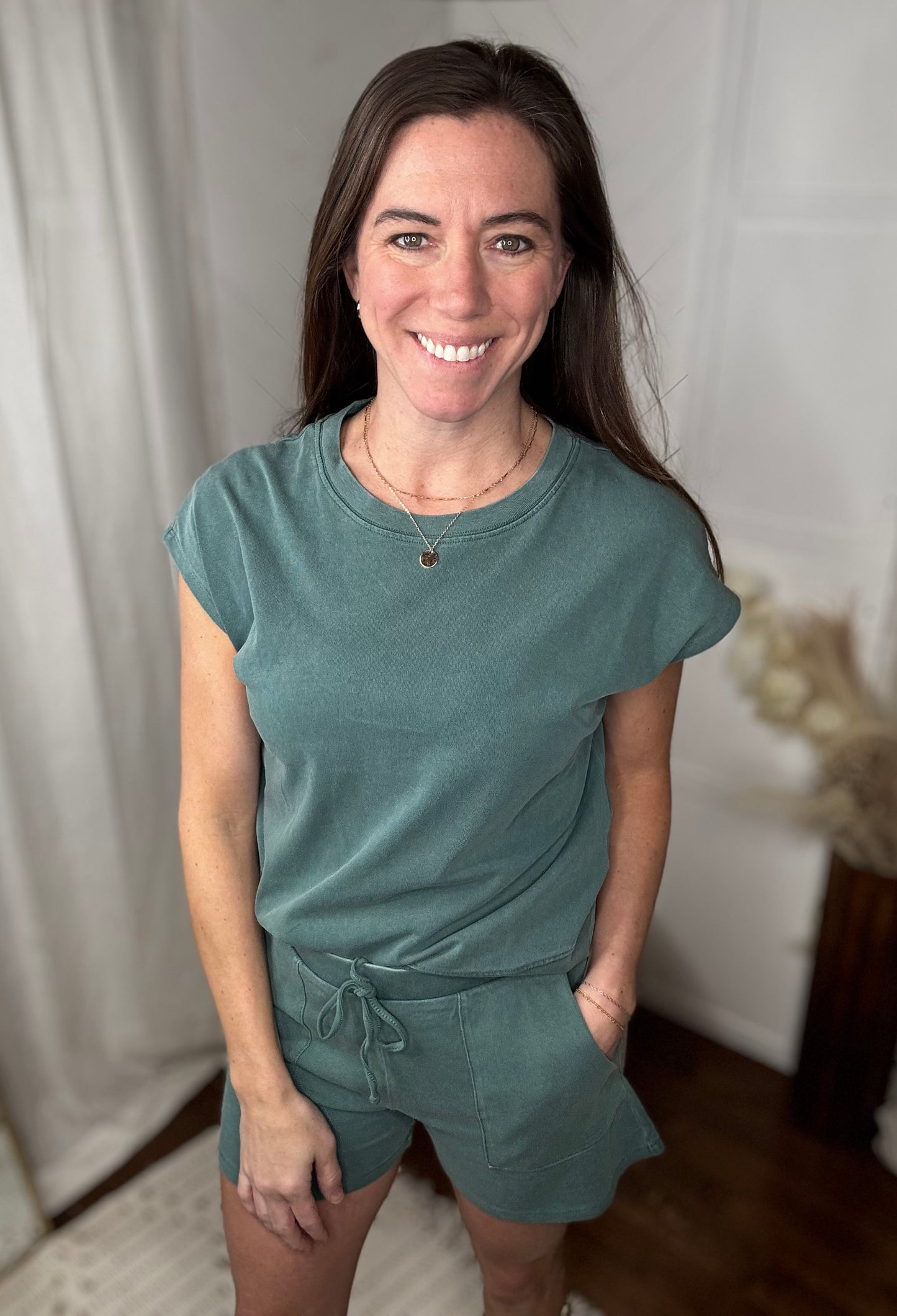 Dark Teal Crew Neck Top and Shorts Set