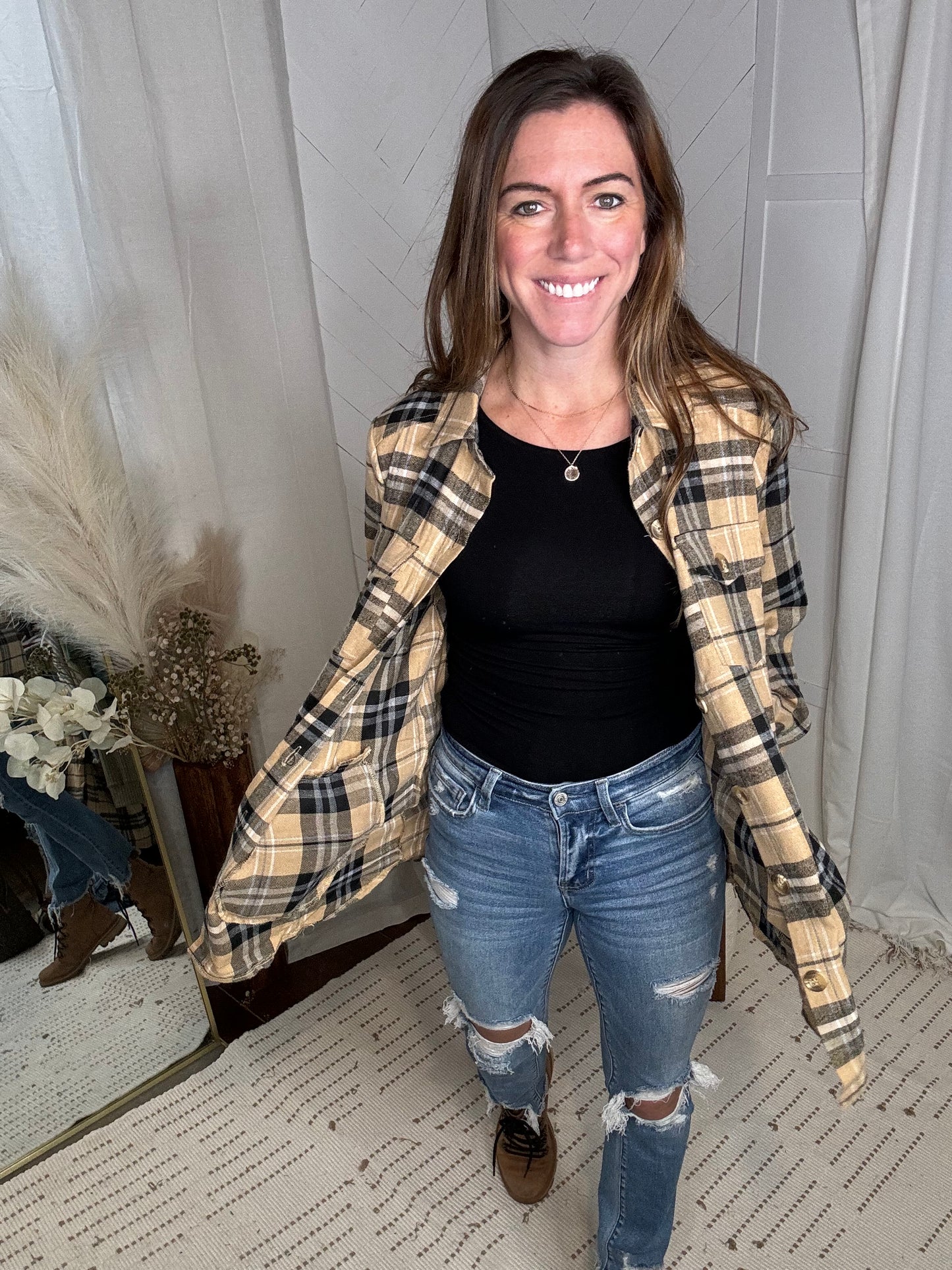 Taupe Plaid Button Up