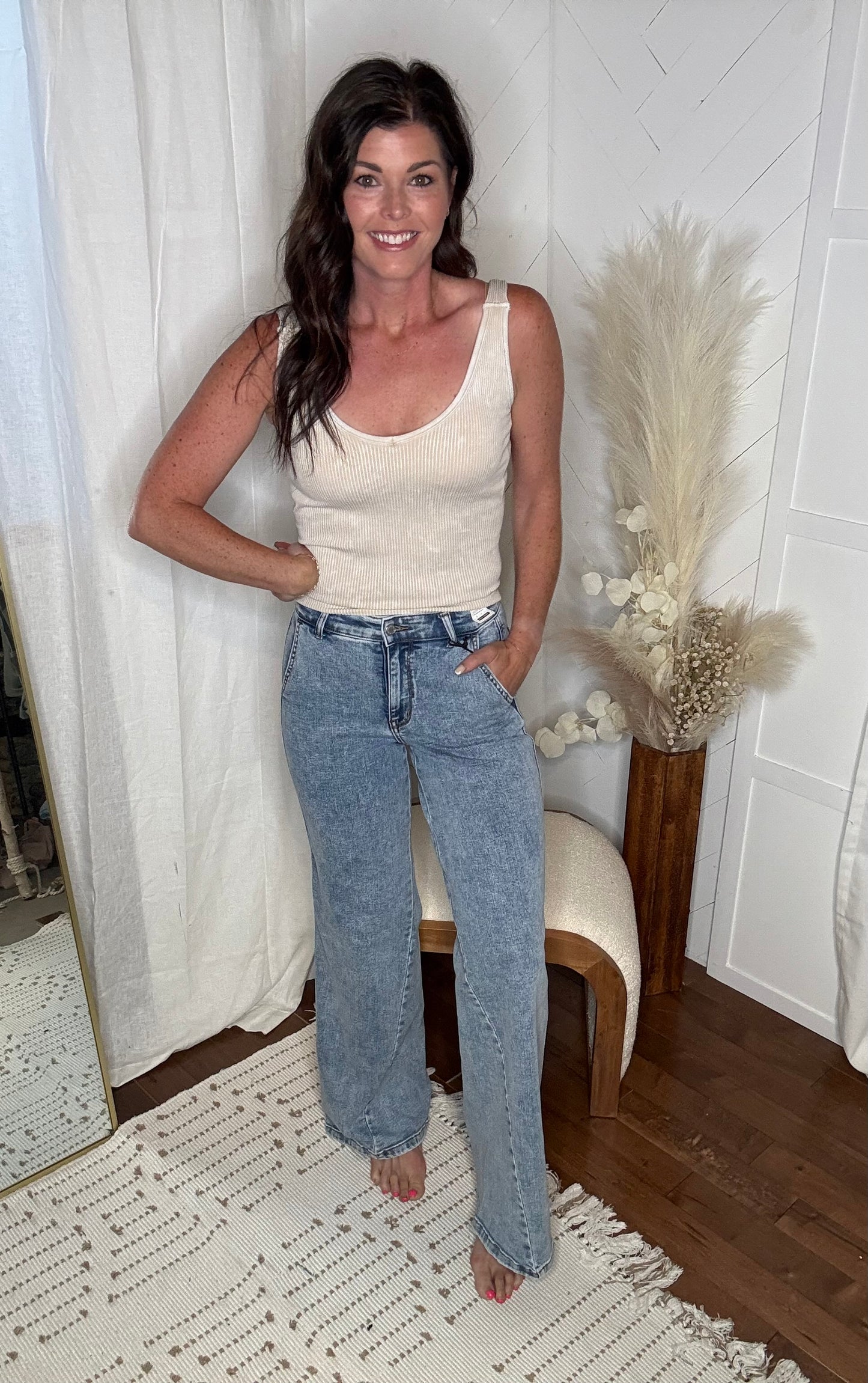Judy Blue54: High Waisted Detailed Wide Leg Jeans