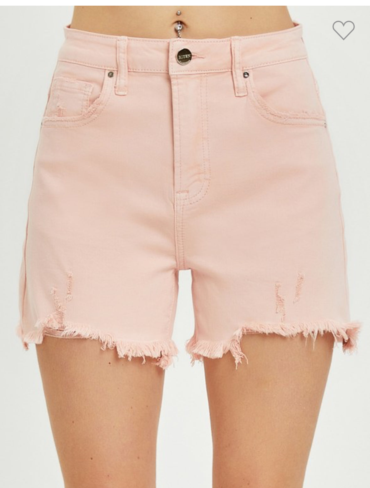 Risen35: Soft Pink High Rise Distressed Shorts