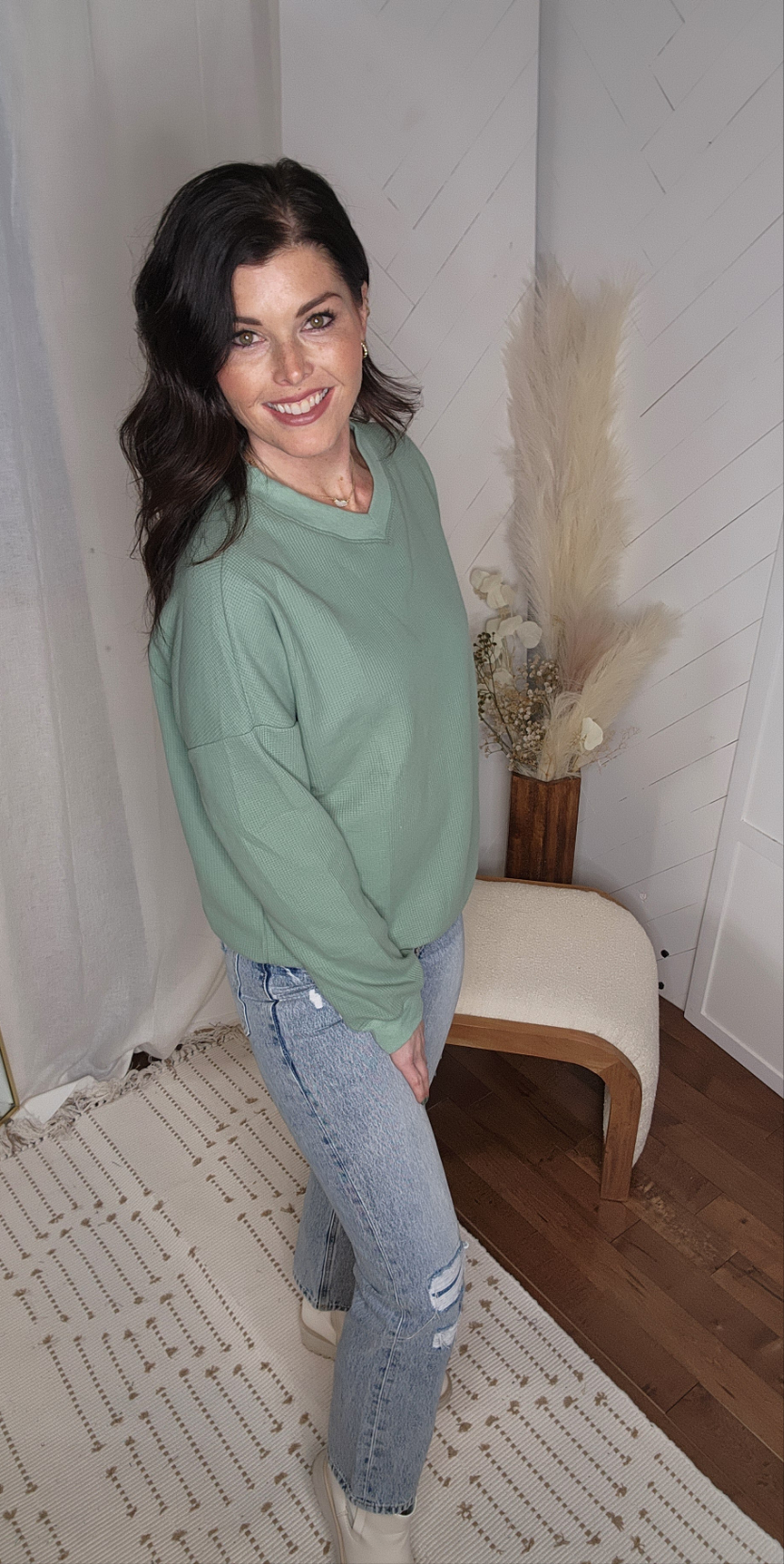 Moody Mint Waffle V Neck Top
