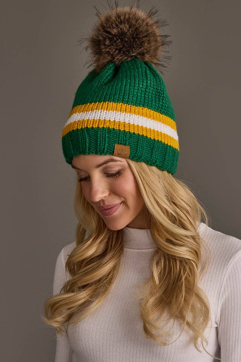 Green, Gold & White Knit Pom Hat