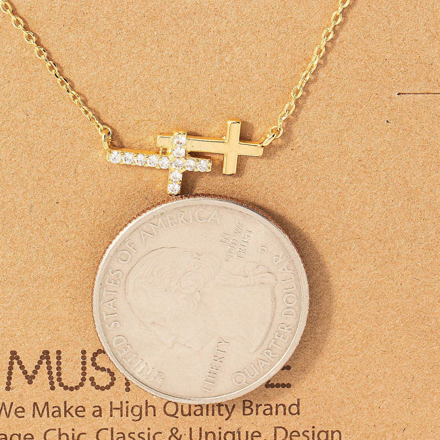 Gold Double Cross Pendant Necklace