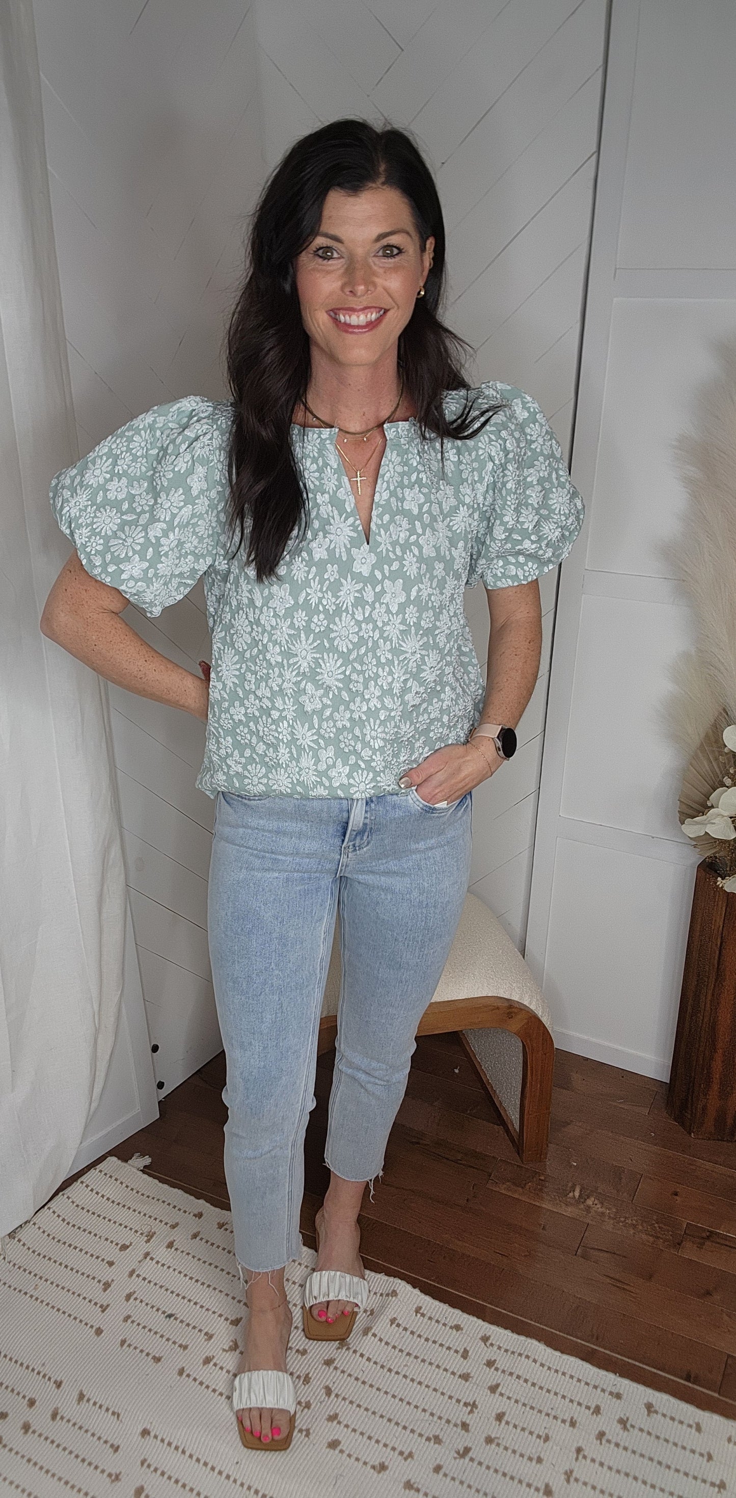 Sage Textured in Floral Top