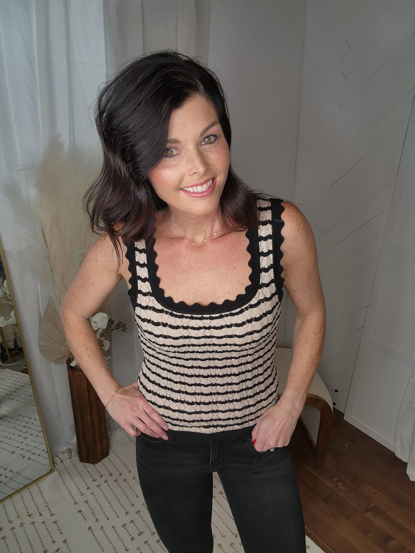 Black Striped Scallop Knit Tank