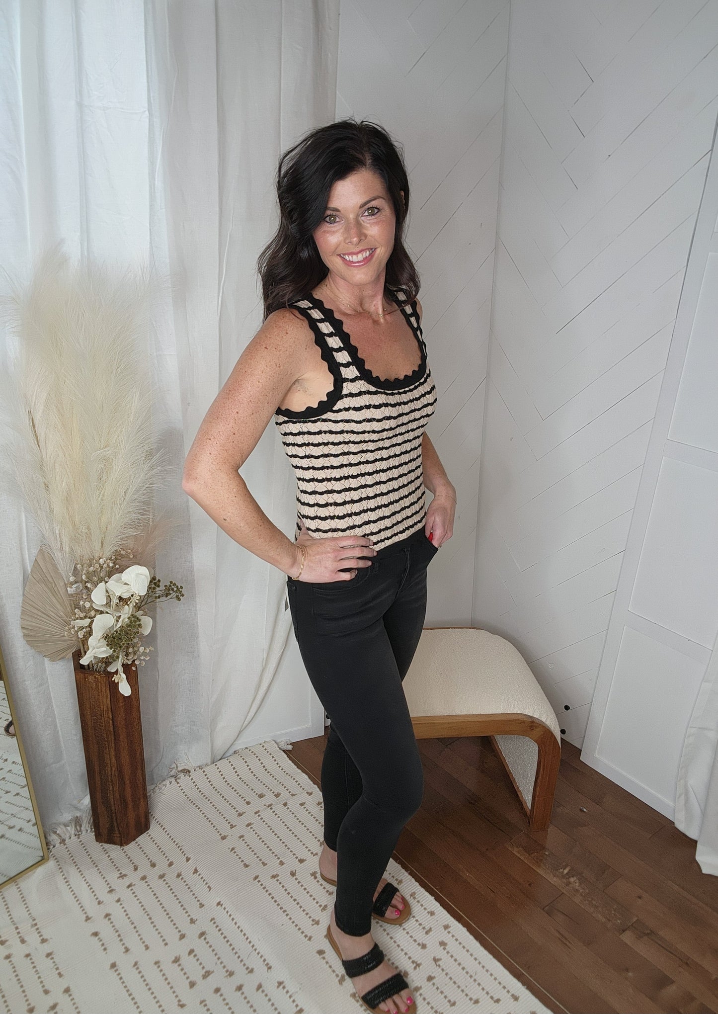 Black Striped Scallop Knit Tank