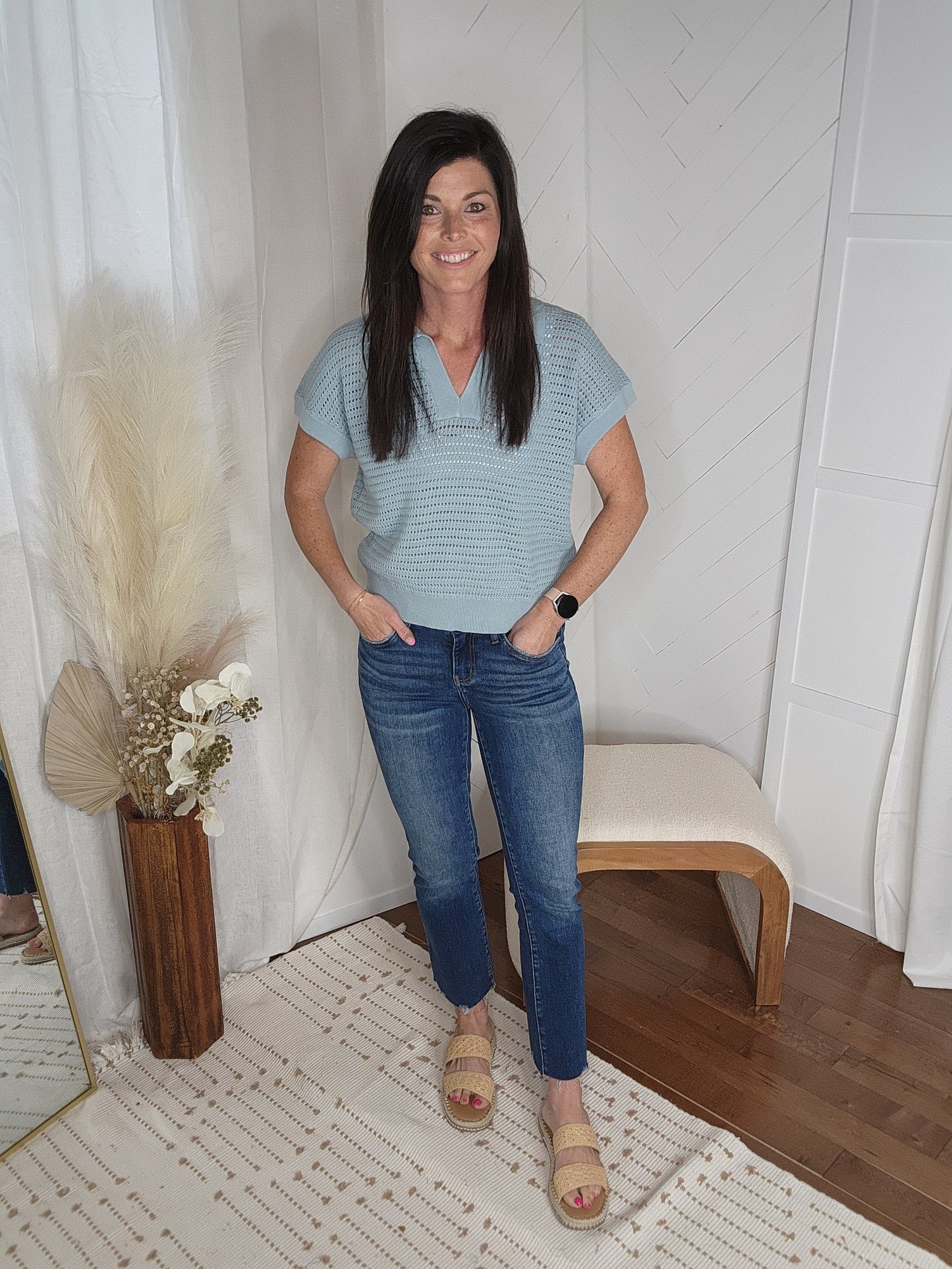 Seafoam Open Collar Knit Top