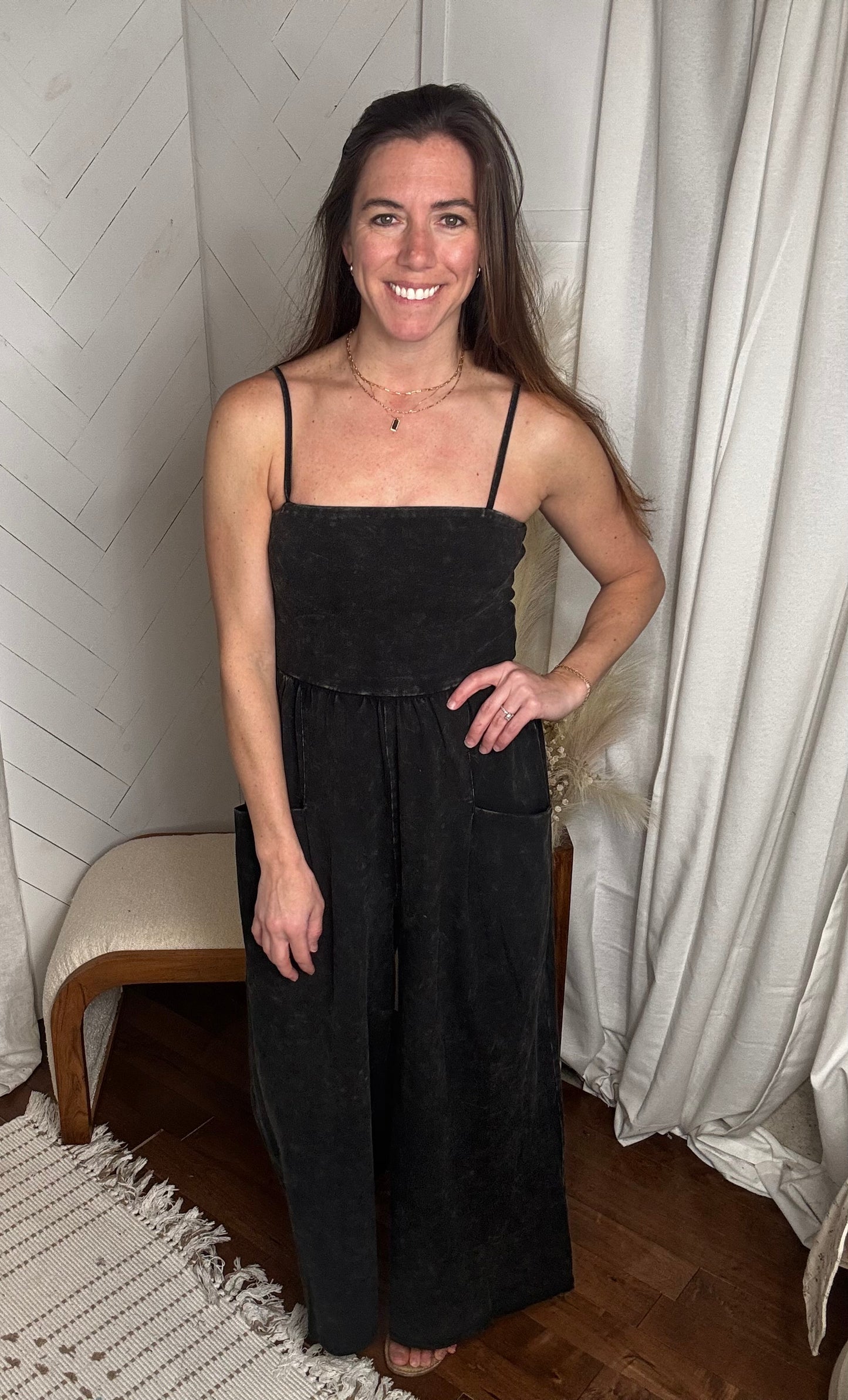 Dark Mineral Washed Wide Leg Jumpsuit