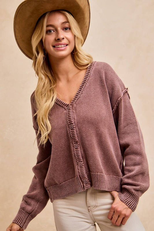 Vintage Mocha Washed Sweater V Neck Cardigan