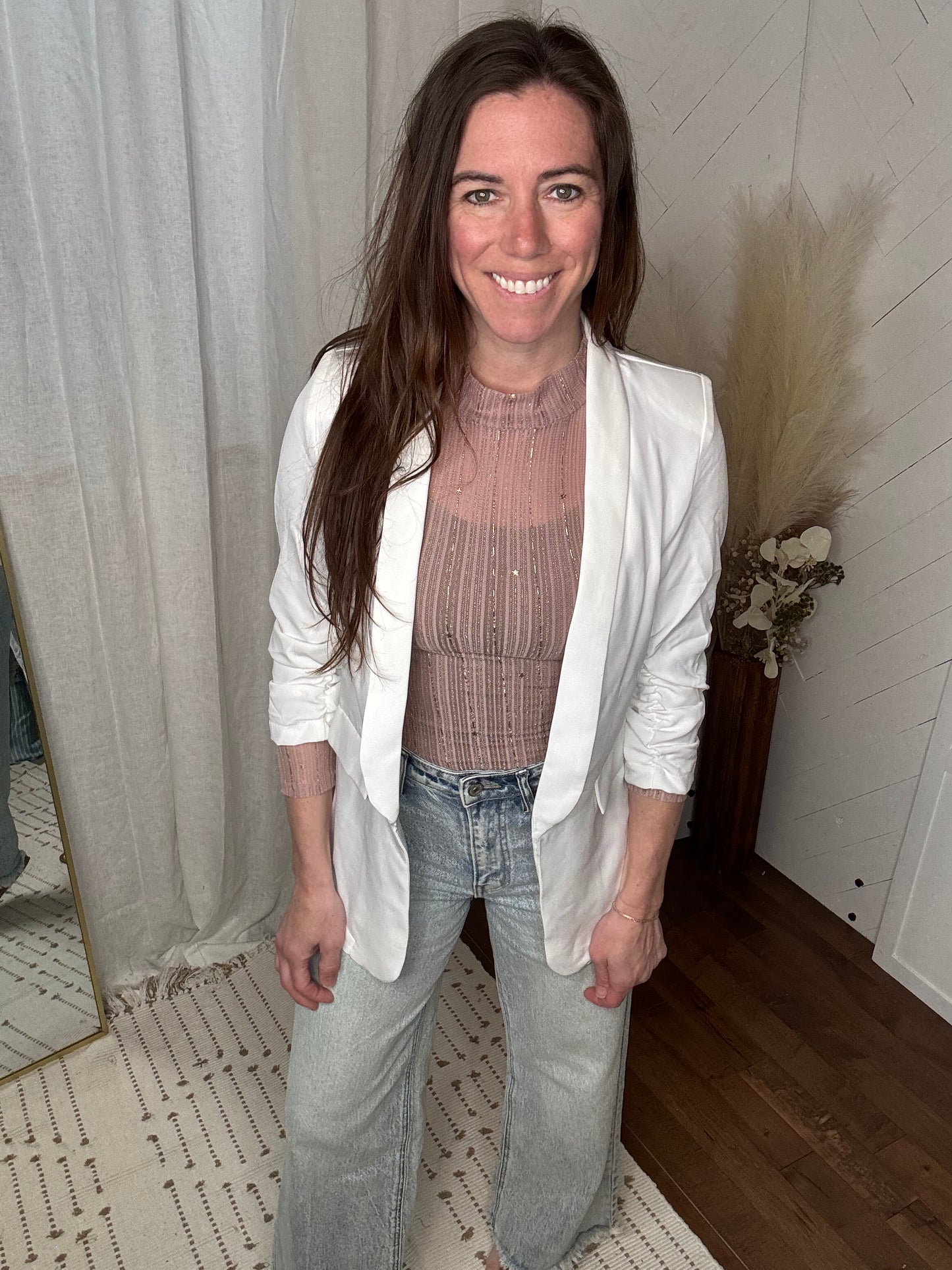 White Bunched Sleeve Blazer