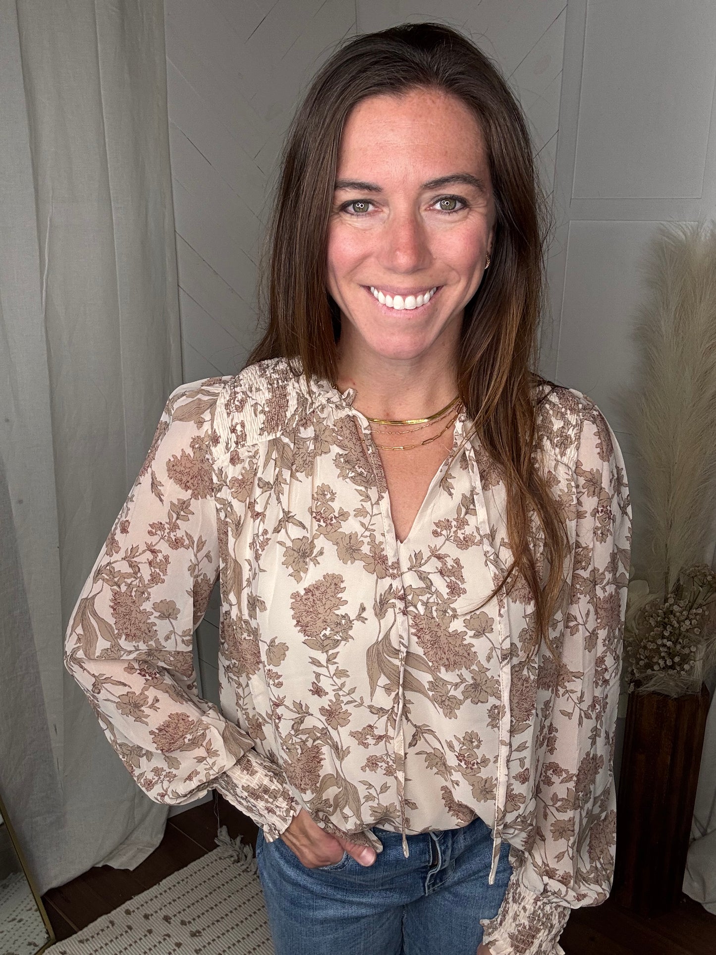 Taupe Floral Smock Top