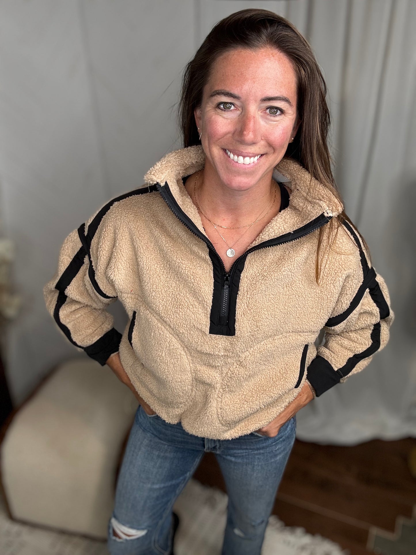 Tan & Black Half Zip Sherpa Fleece Sweatshirt