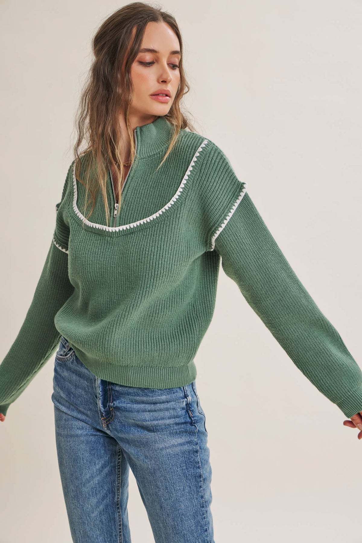 Evergreen Whipstitch Half Zip Sweater