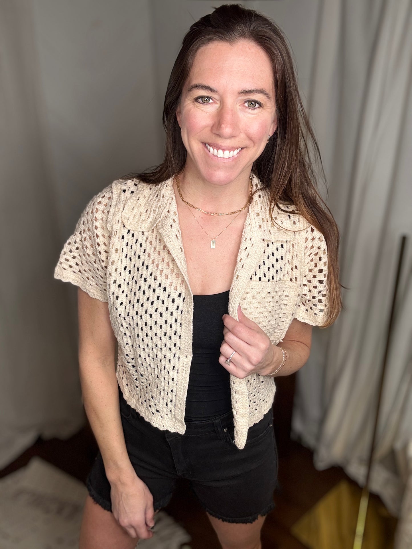 Ivory Button Down Crochet Knit Top