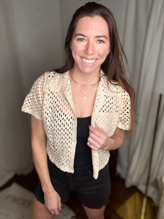 Ivory Button Down Crochet Knit Top