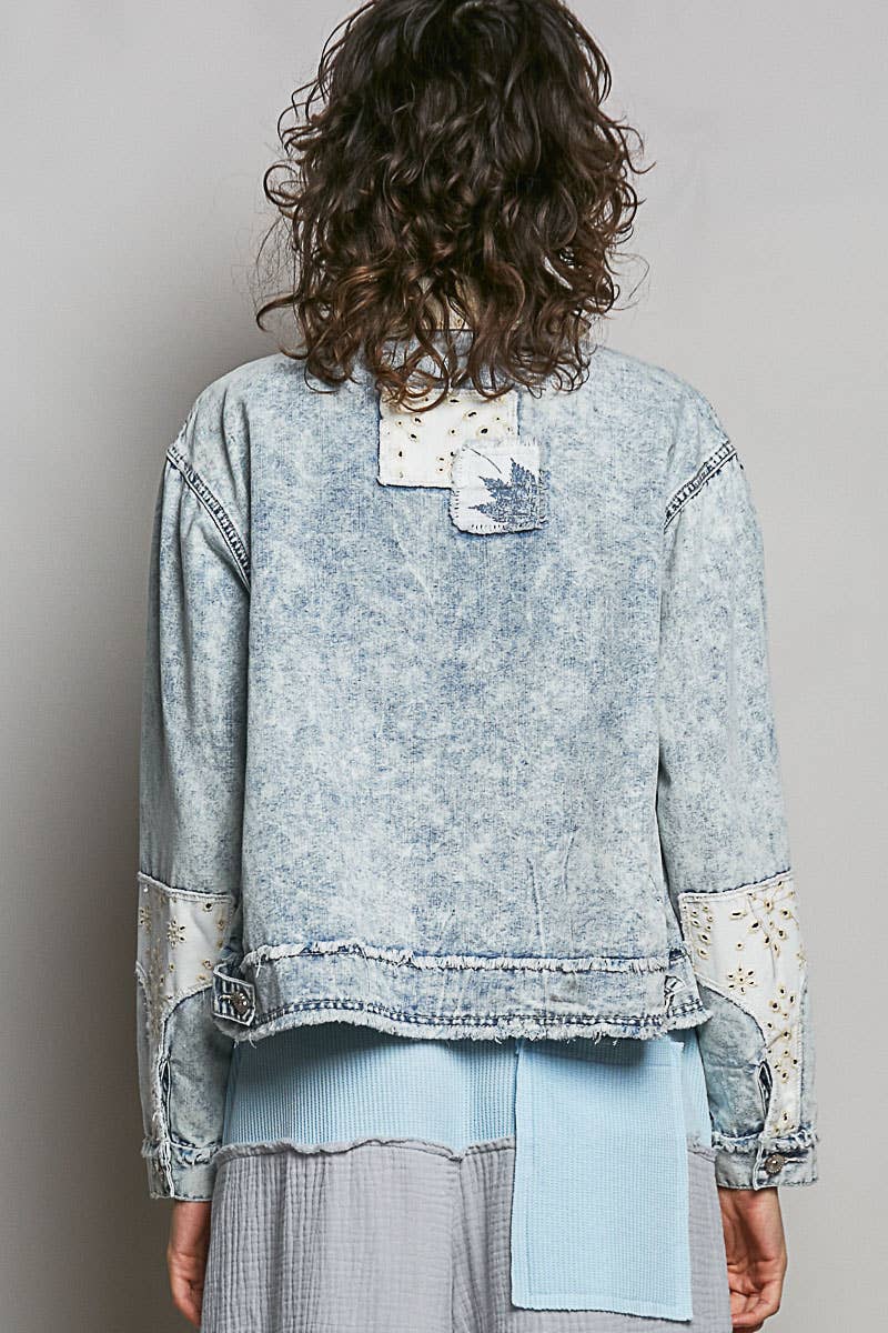 Vintage Washed Zip-Up Patch Denim Jacket