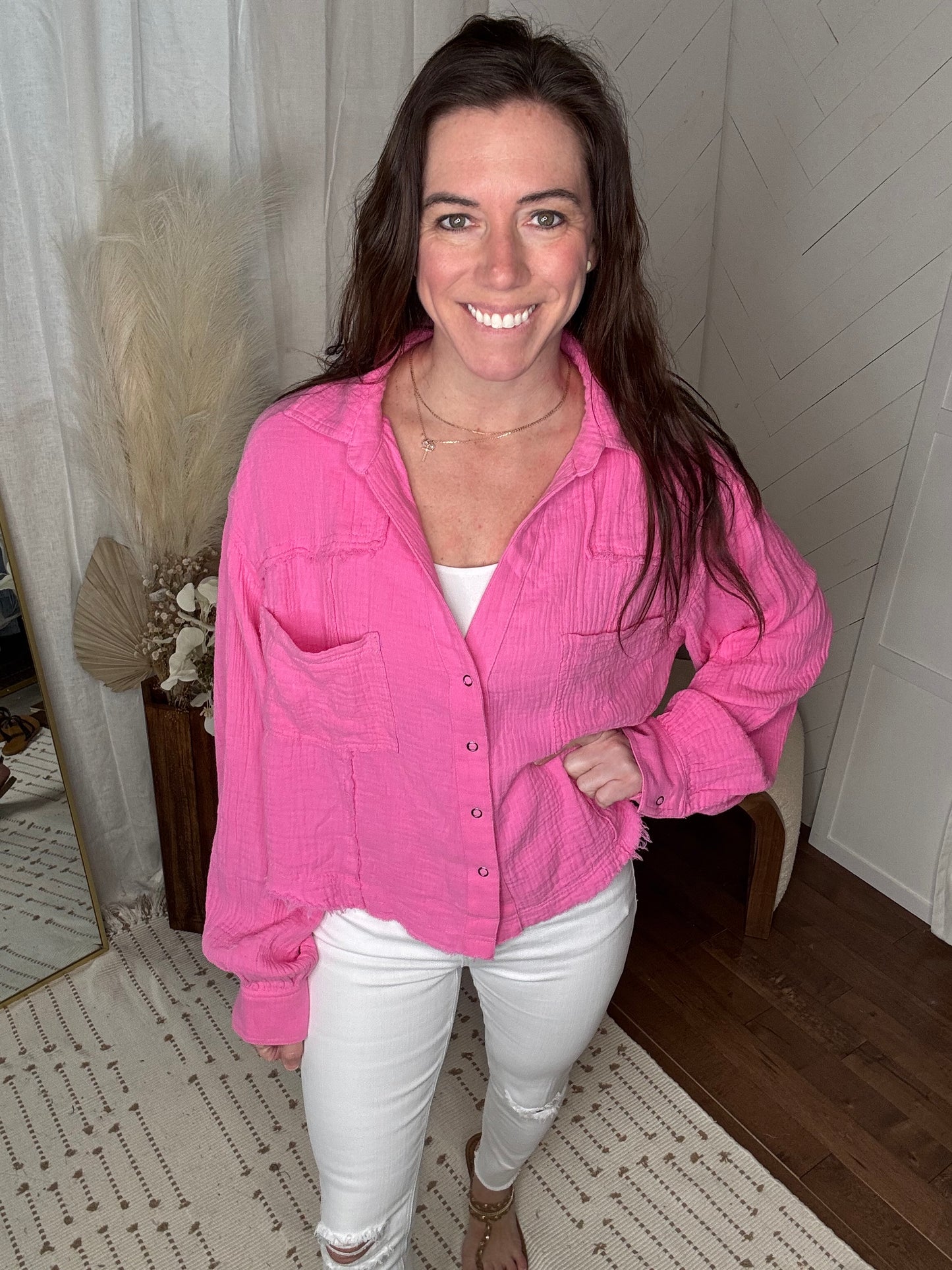 Bright Pink Gauze Button Up