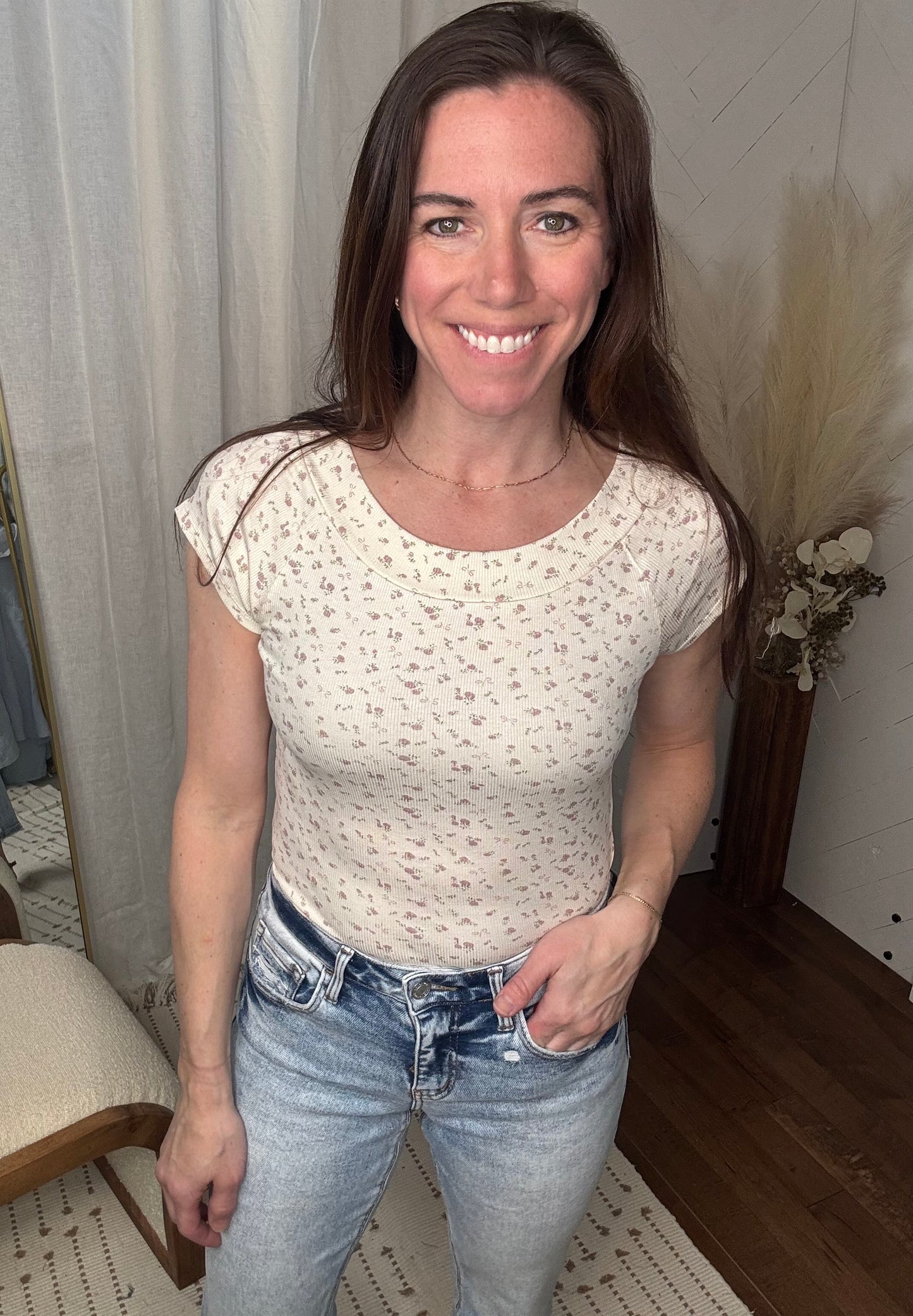 Floral Print Rib Off the Shoulder Short Sleeve Top