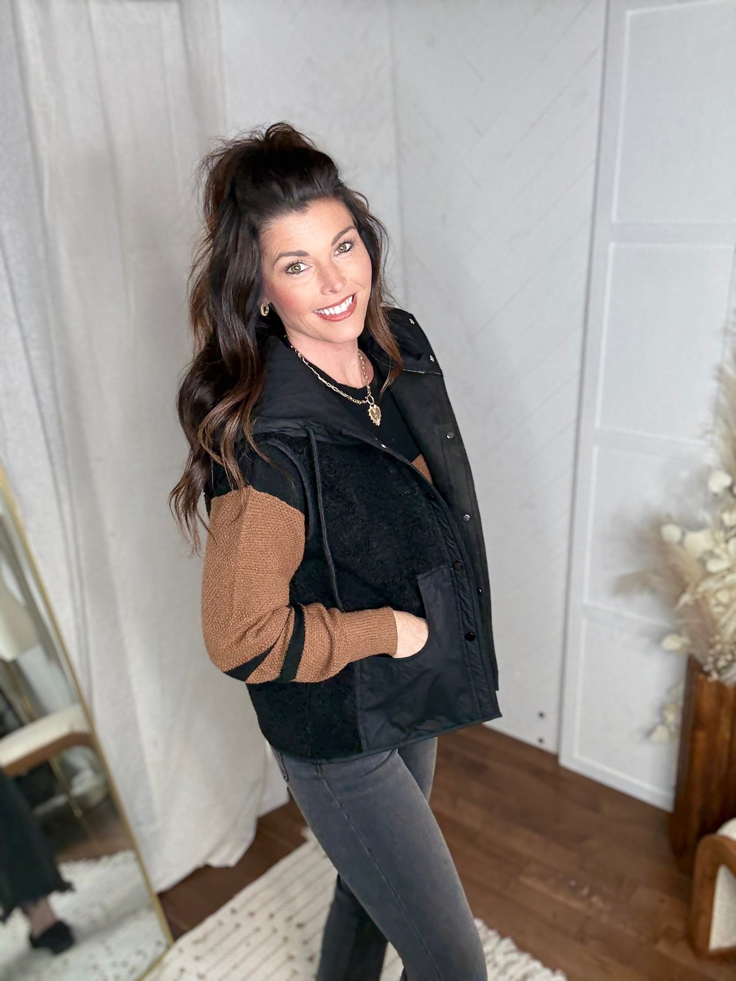 Black Sherpa Suede Duo Hooded Vest