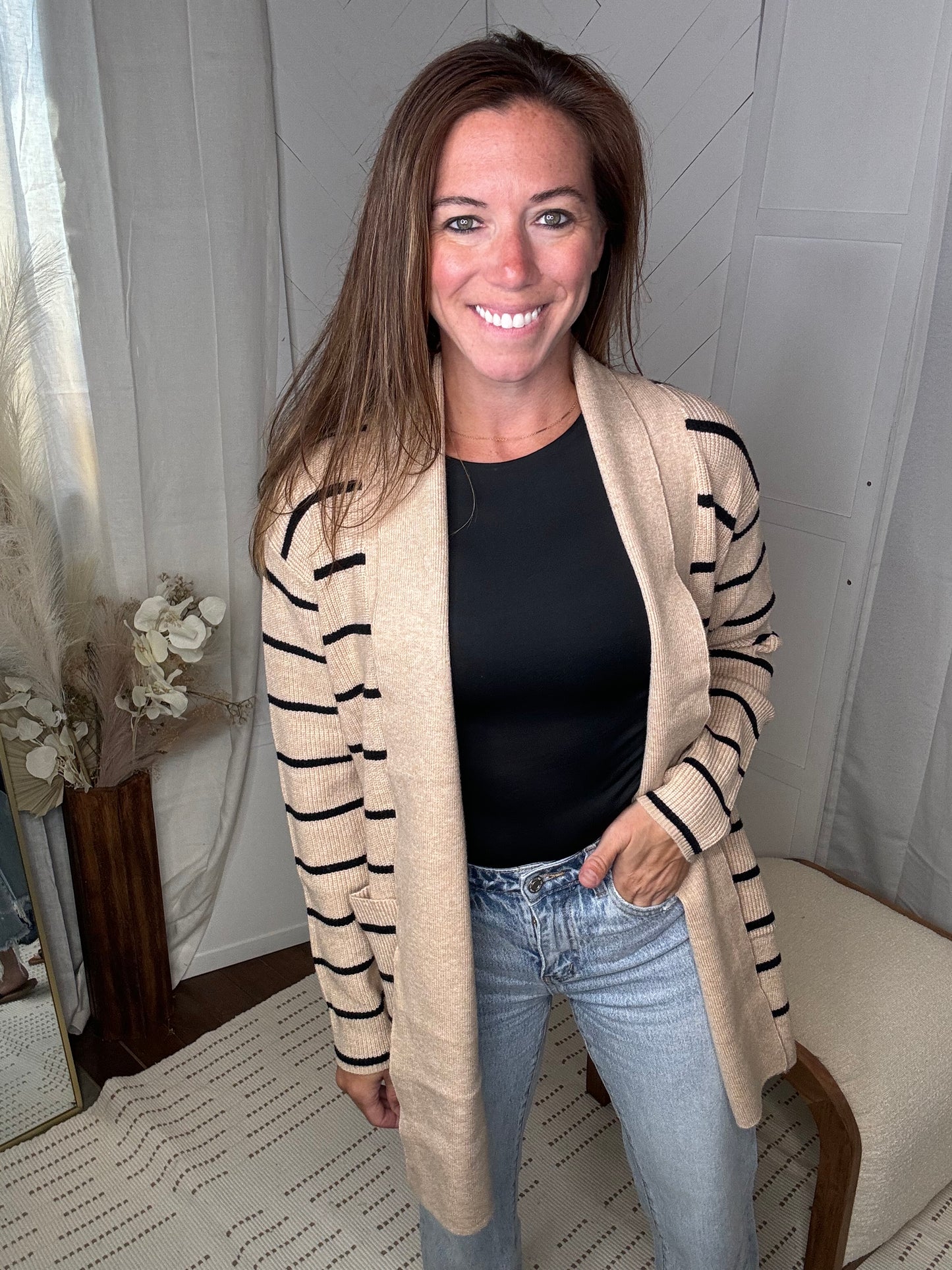 Black + Tan Striped Pocket Cardigan