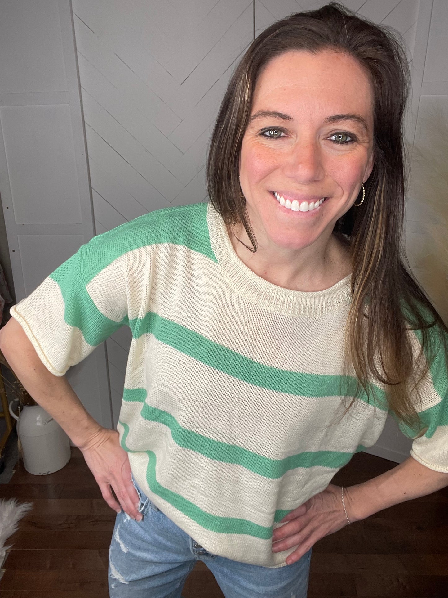 Striped Short Sleeve Sweater: Jade