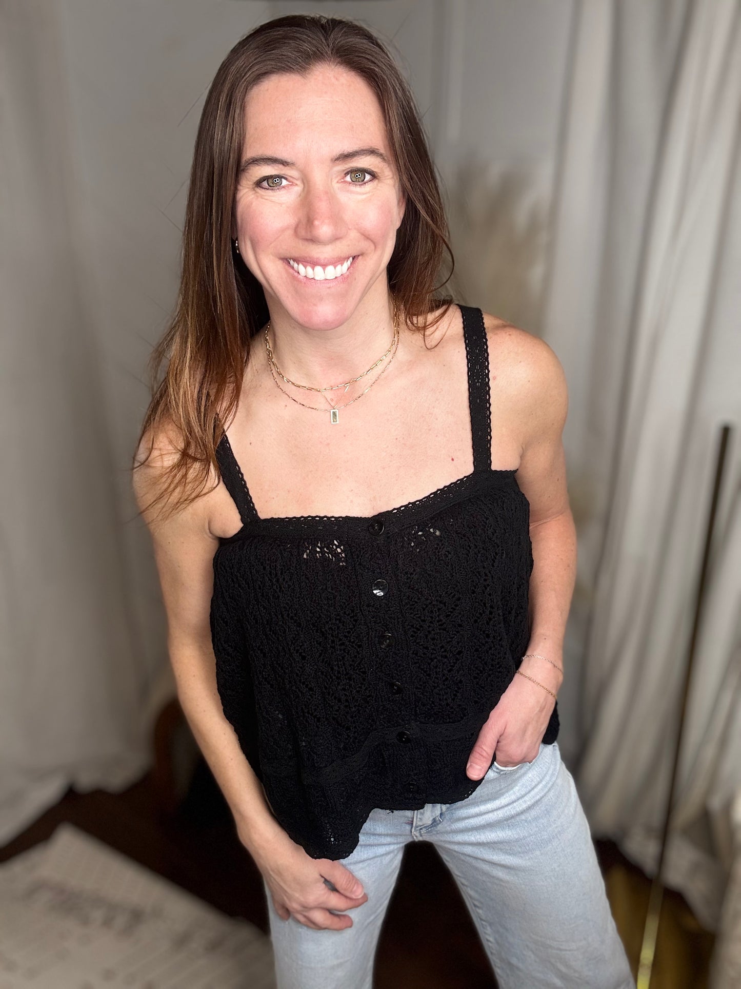 Black Open Knit Crochet Tank