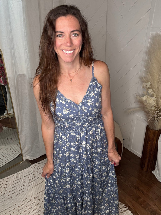 Blue Floral Tiered Midi Dress