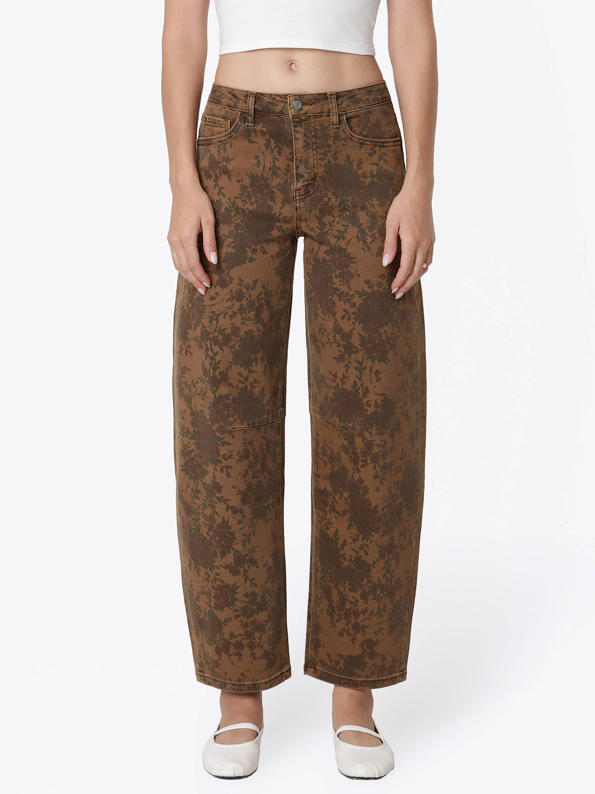 Vervet Floral Earth High Rise Barrel Jeans