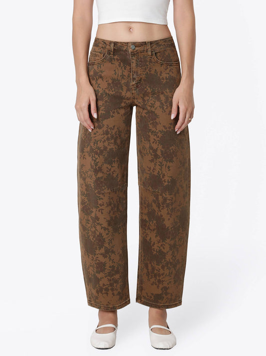 Vervet Floral Earth High Rise Barrel Jeans