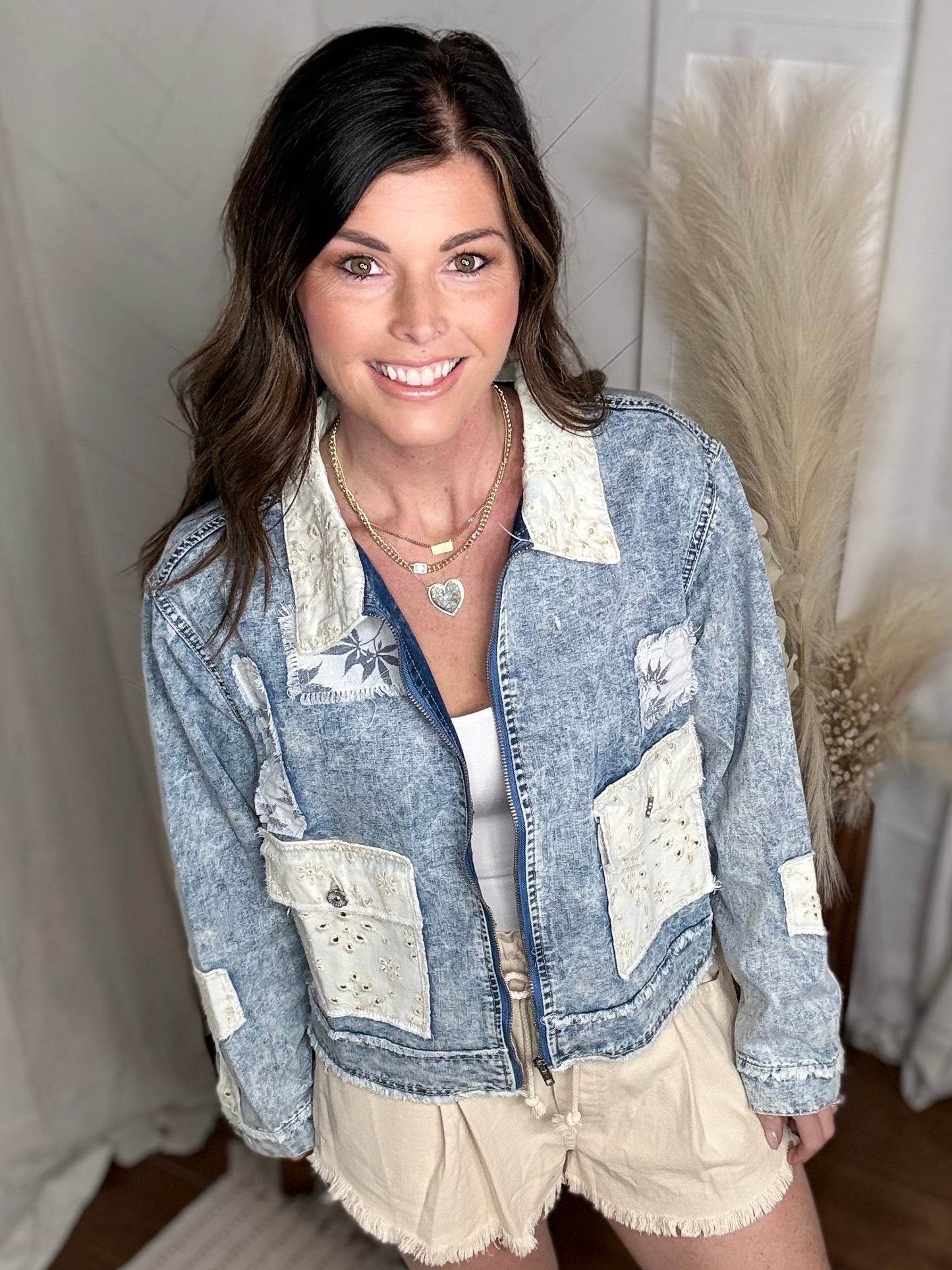 Vintage Washed Zip-Up Patch Denim Jacket