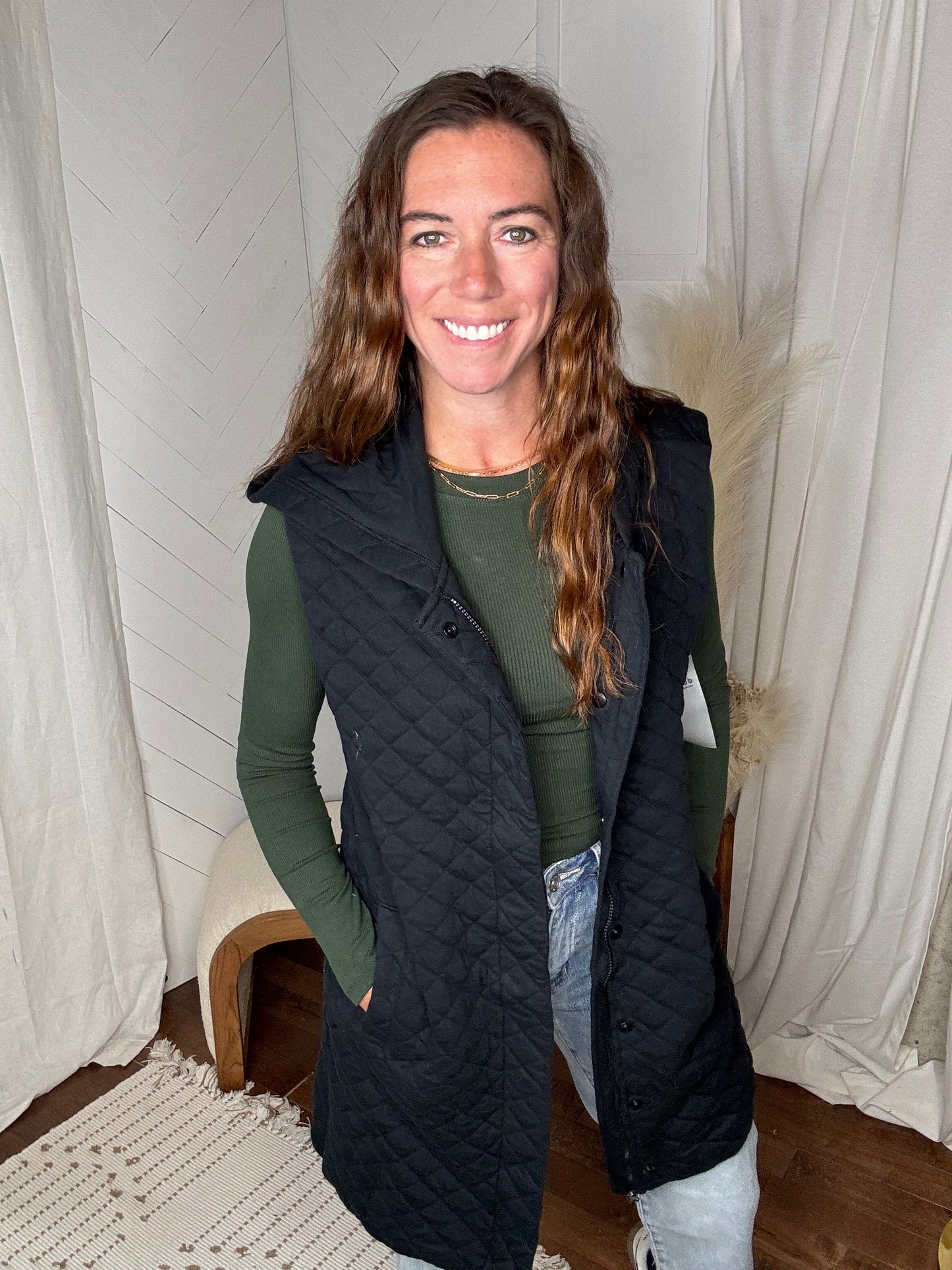 Longline Quilted Vest: Black