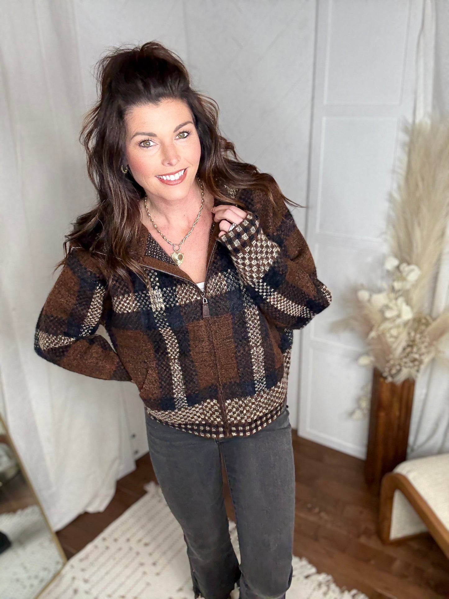 Mocha Plaid Fuzzy Knit Sweater Jacket