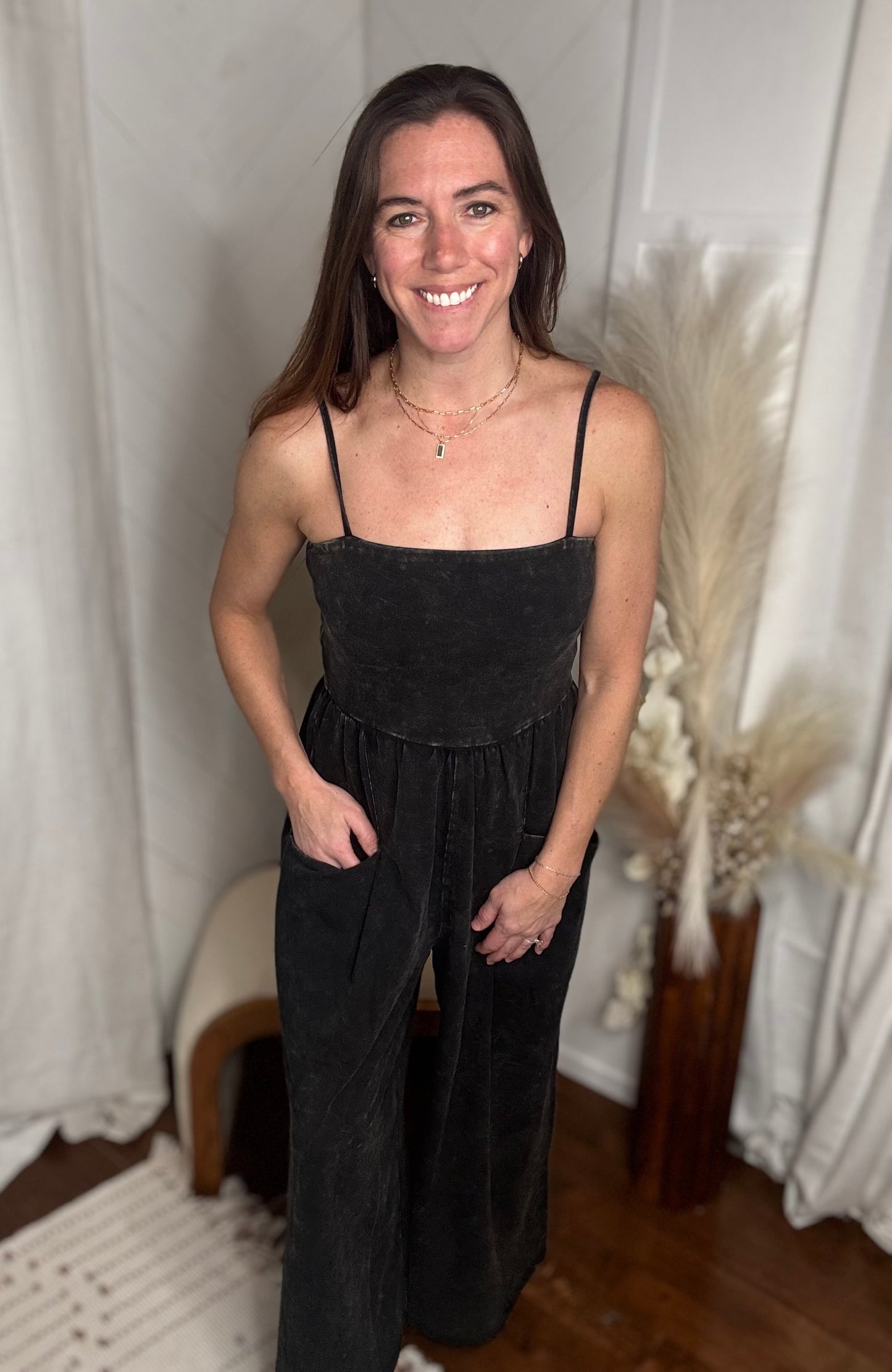 Dark Mineral Washed Wide Leg Jumpsuit