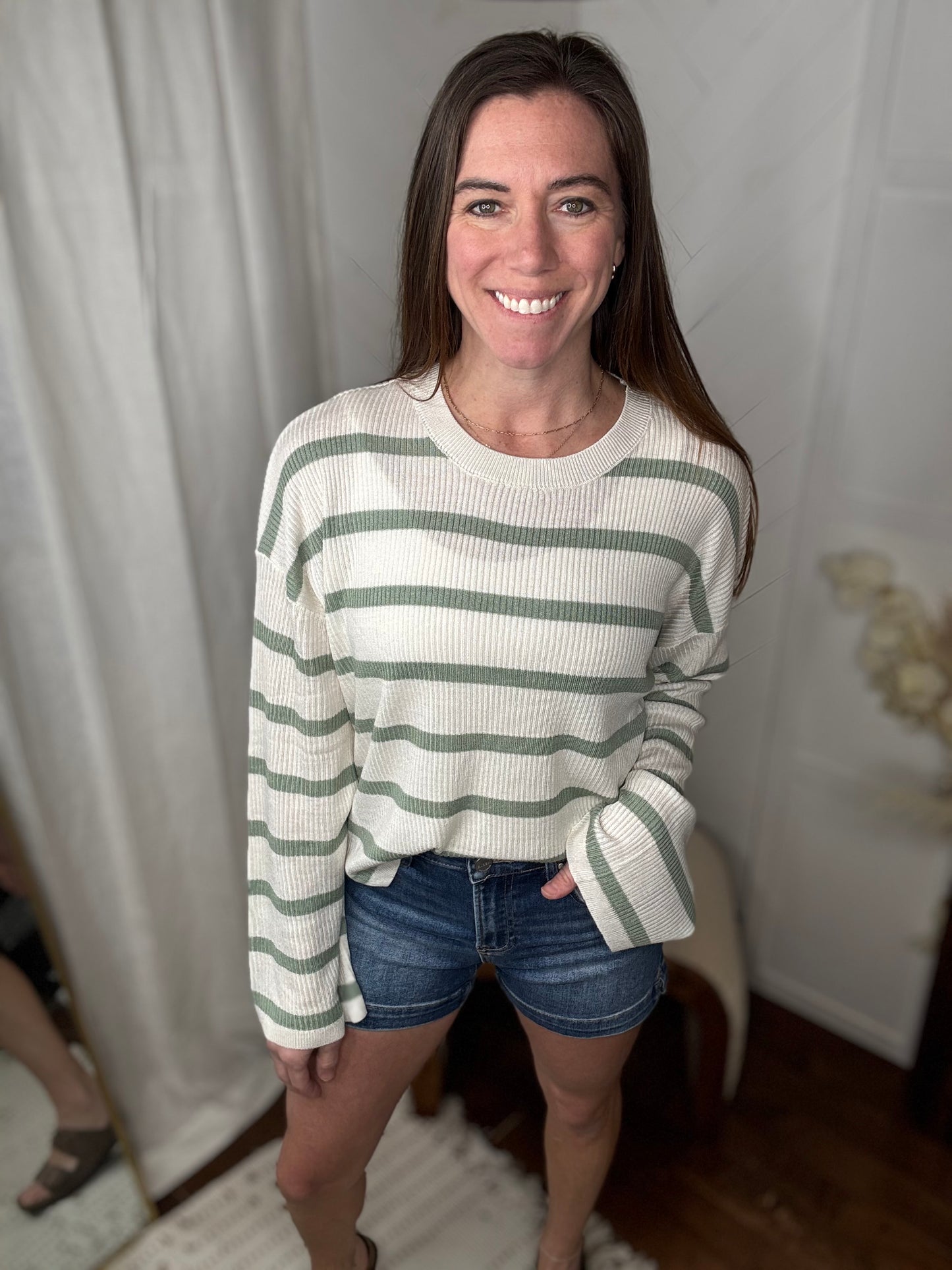 Sage Lightweight Wide-Sleeve Striped Sweater