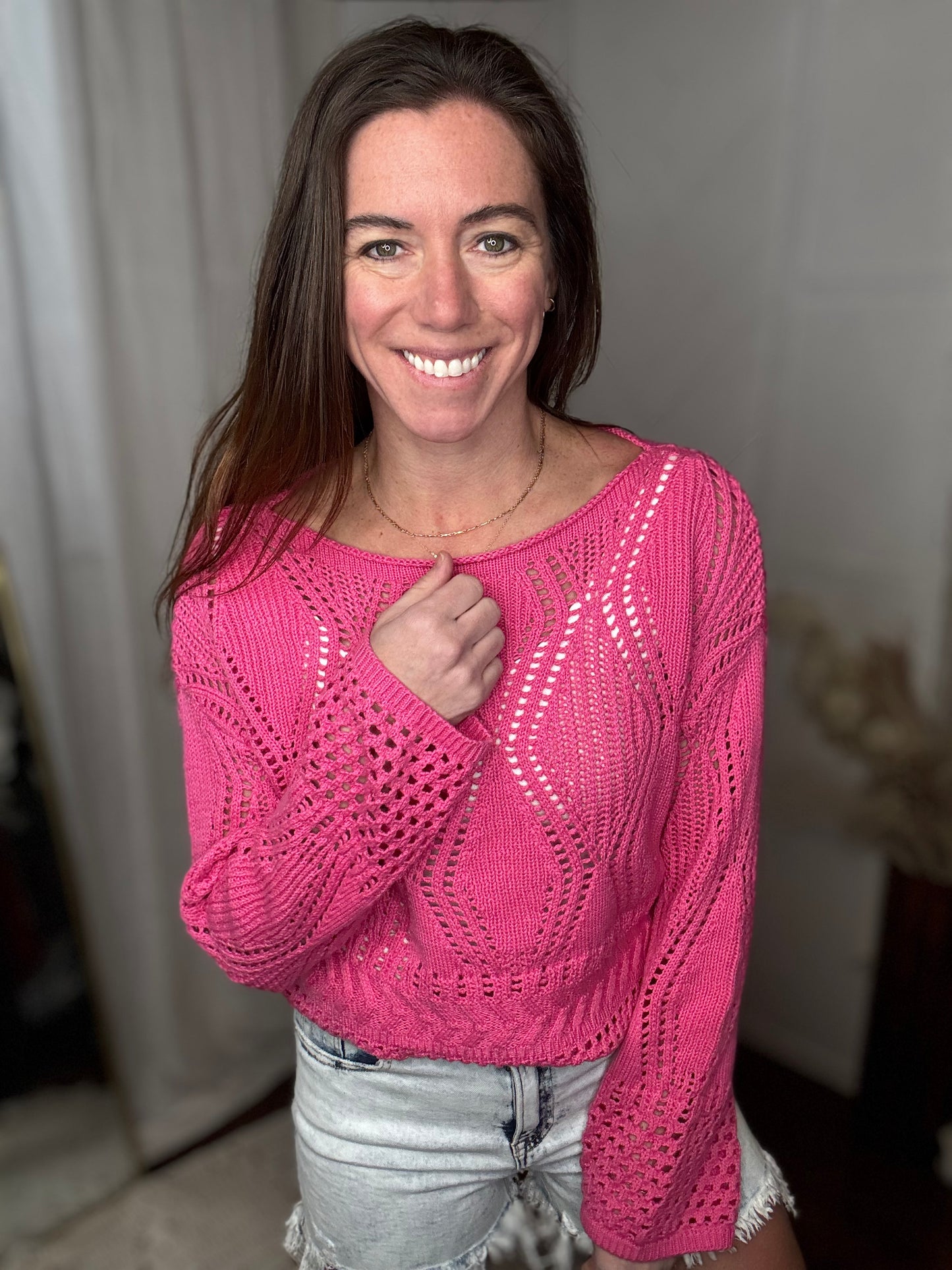 Fuchsia Breeze Open Crochet Sweater