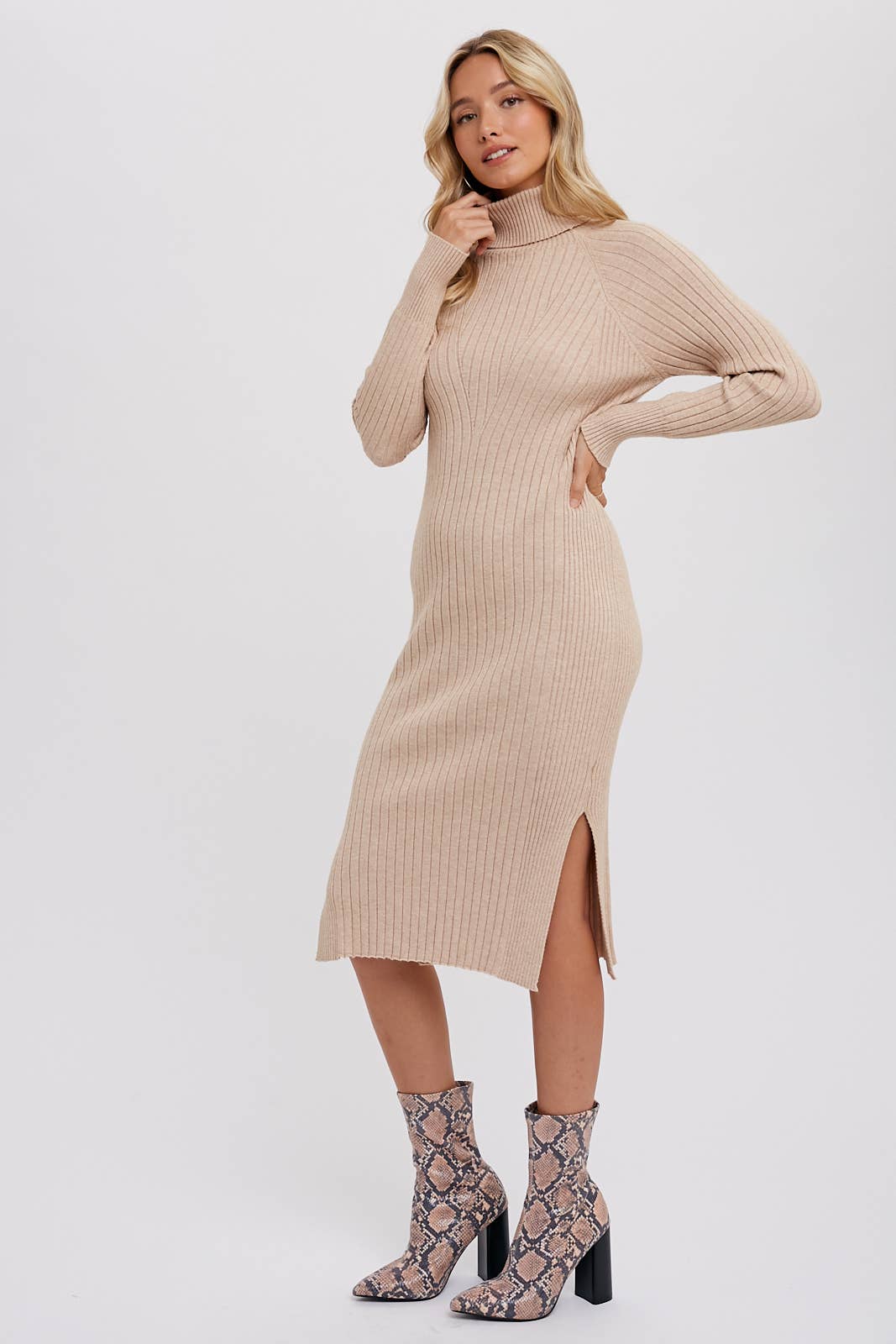 Sand Ribbed Midi Sweater Dress