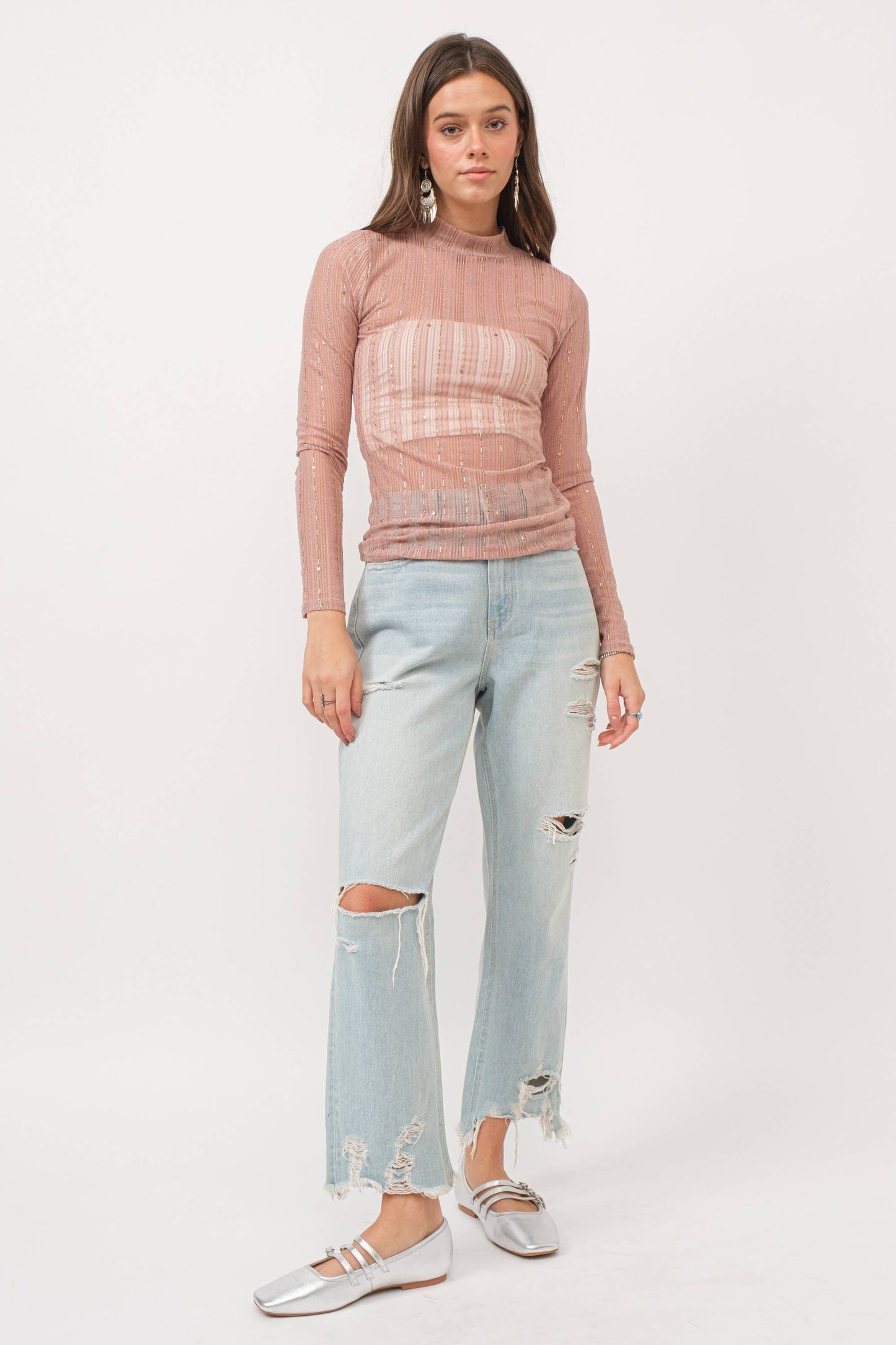 Metallic Stripe Mesh Mock Neck Top: Rose Gold