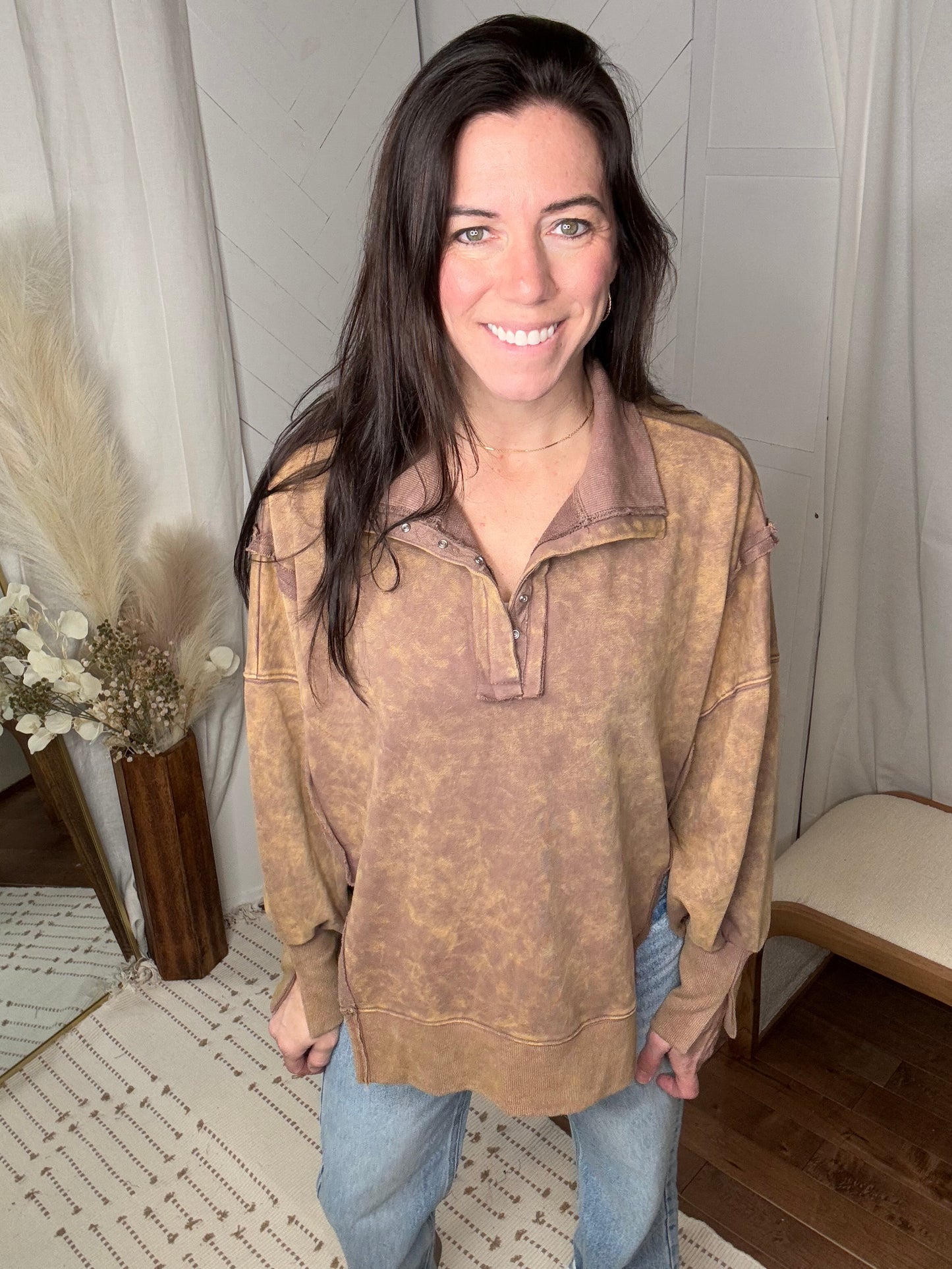 Mocha Washed Henley Sweatshirt