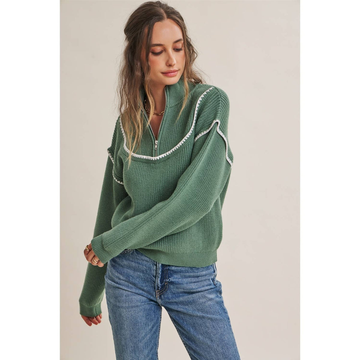 Evergreen Whipstitch Half Zip Sweater