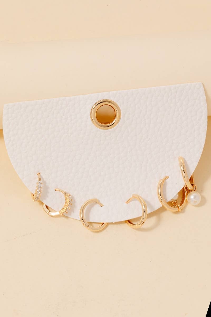 Three Pair Pearl Charm + Rhinestones Mixed Hoop Earrings