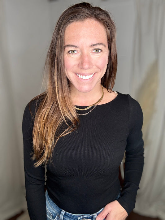 Black: Barely There Boat Neck Ribbed Top