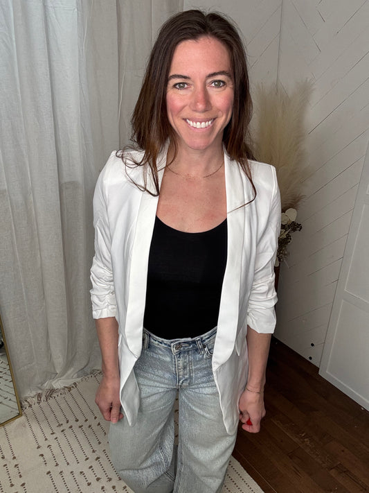 White Bunched Sleeve Blazer