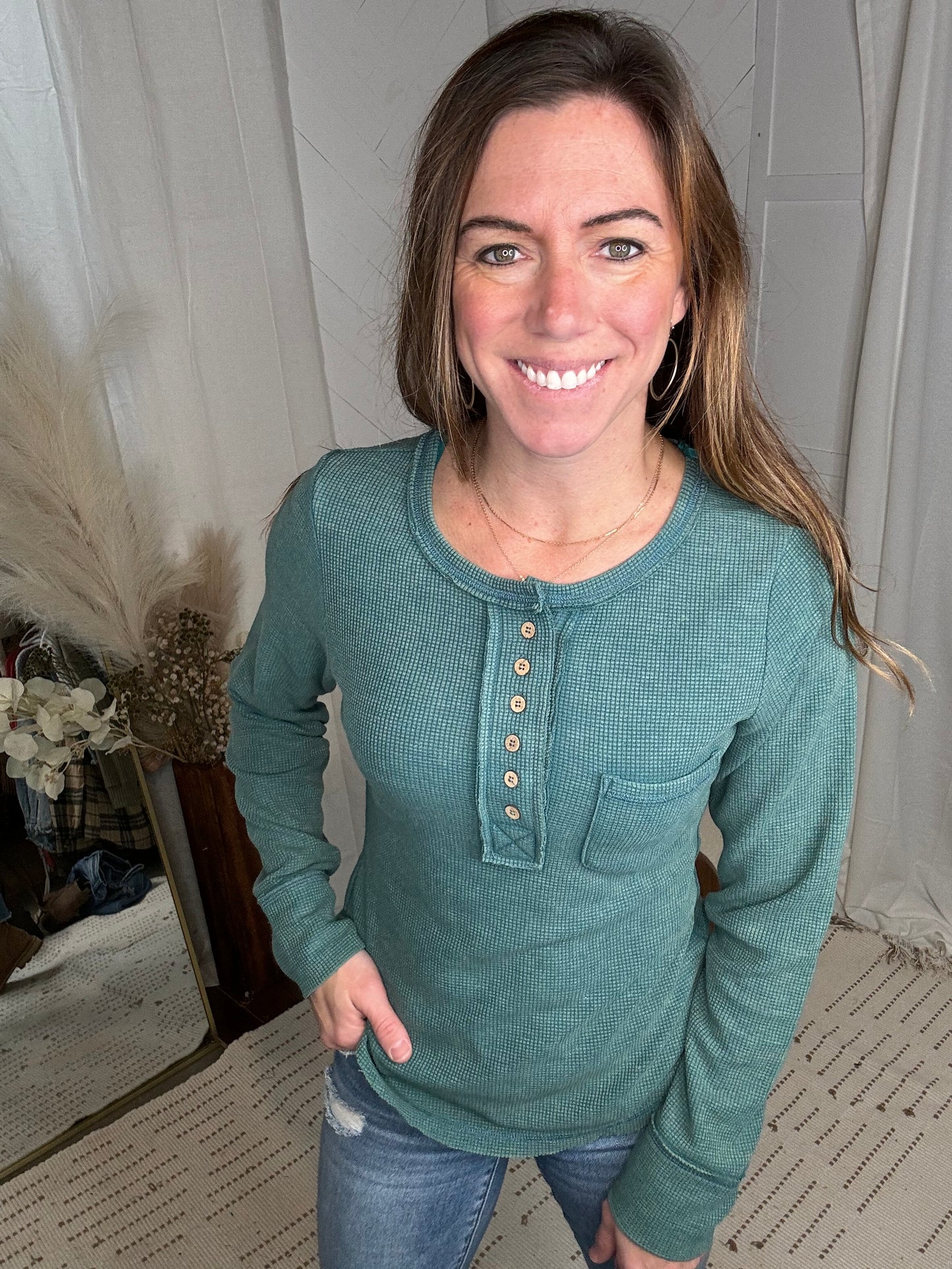 Everyday Waffle Knit Top: Forest