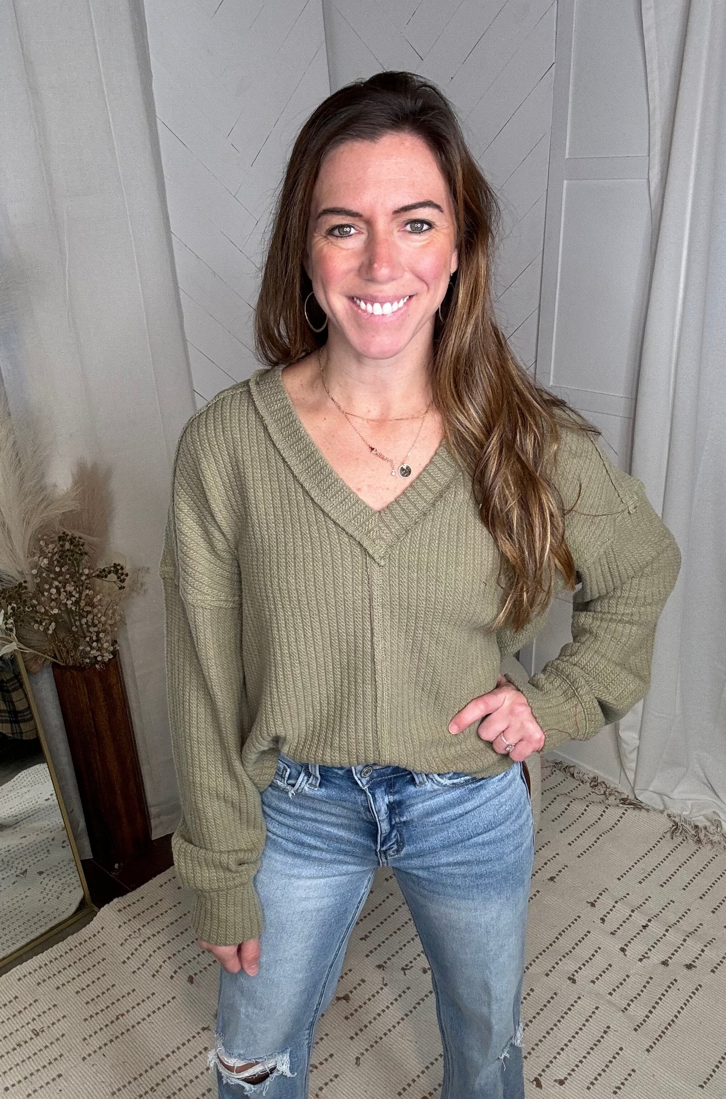 Cozy Cove V-Neck: Olive