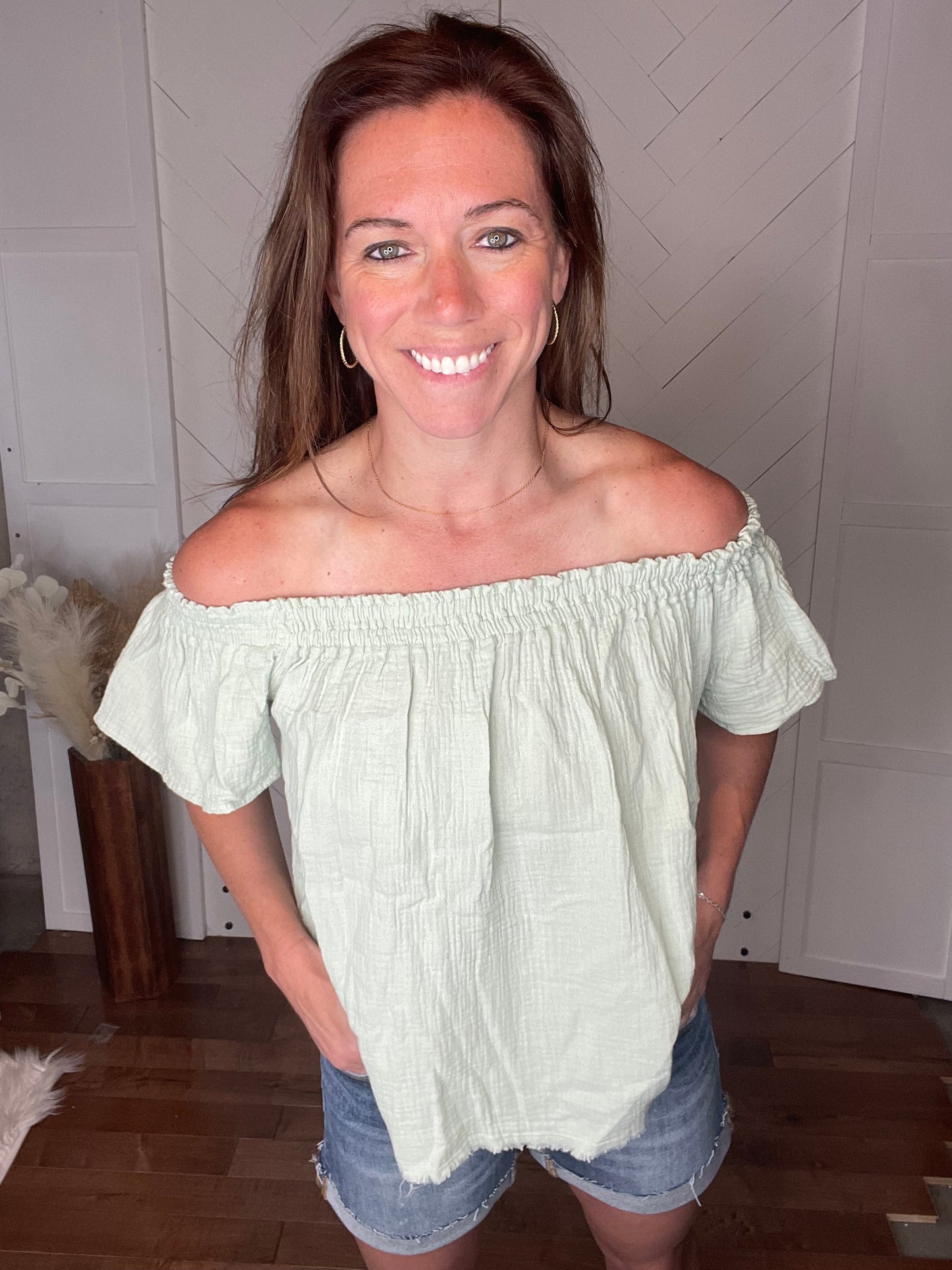 Off the Shoulder Green Ruffled Blouse