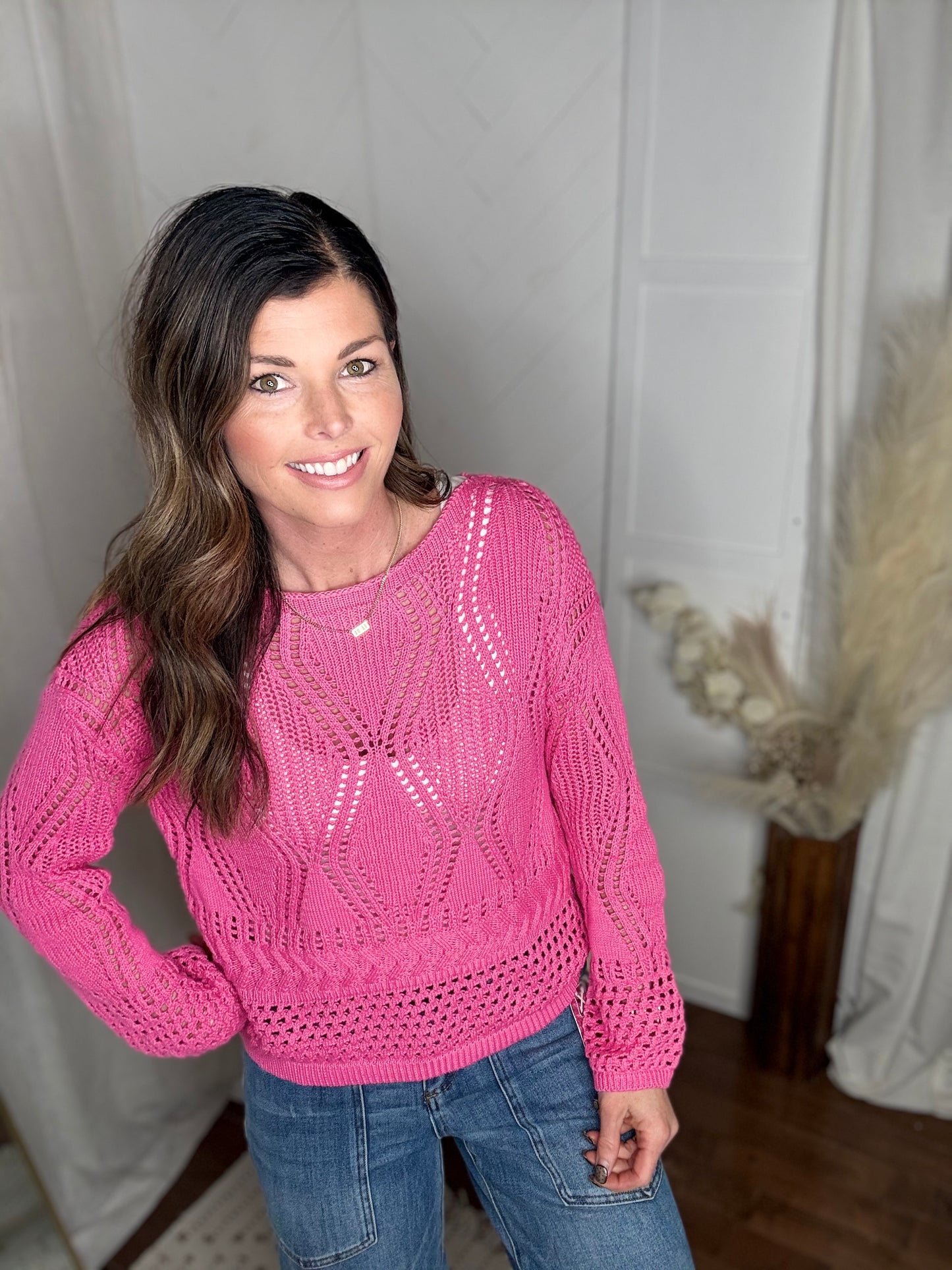 Fuchsia Breeze Open Crochet Sweater